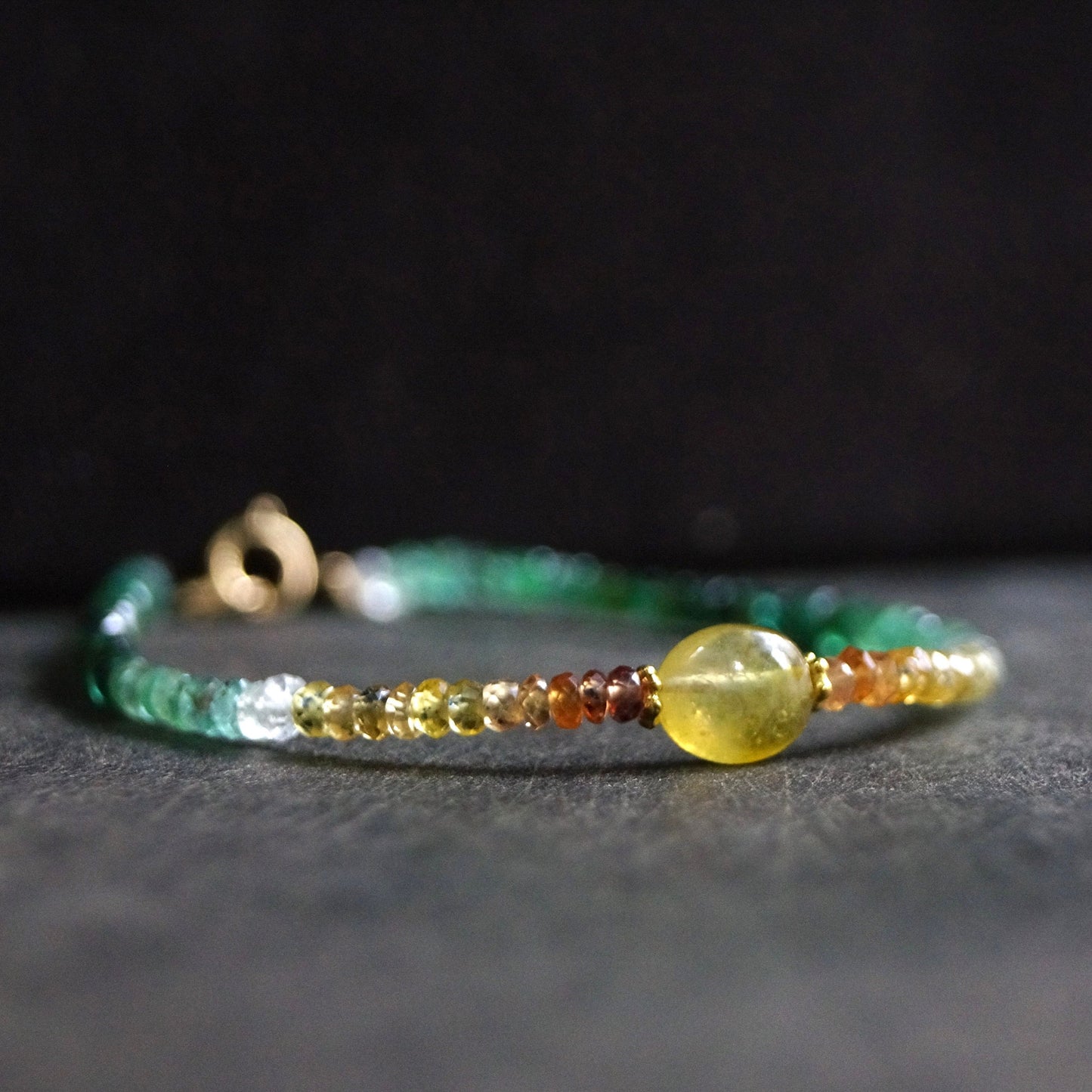 14K Solid Gold: Ombre Sapphire and Emerald Beaded Bracelet, Yellow, Green, Shaded Precious Stone, Fine Jewelry, Delicate,