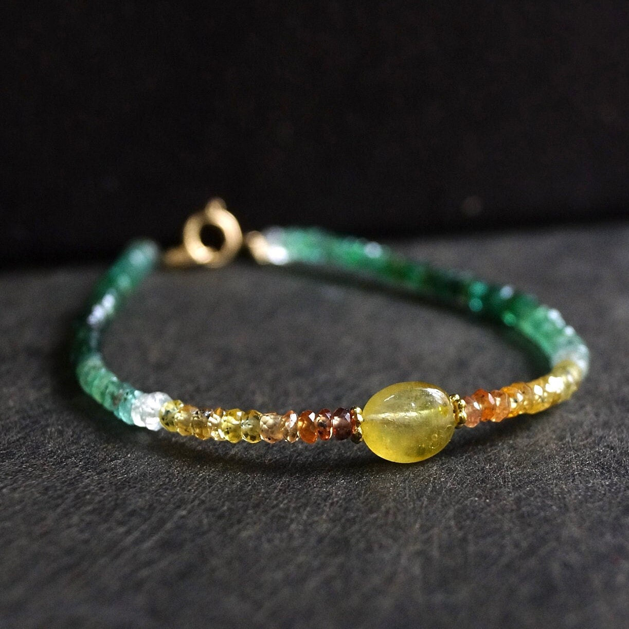 14K Solid Gold: Ombre Sapphire and Emerald Beaded Bracelet, Yellow, Green, Shaded Precious Stone, Fine Jewelry, Delicate,