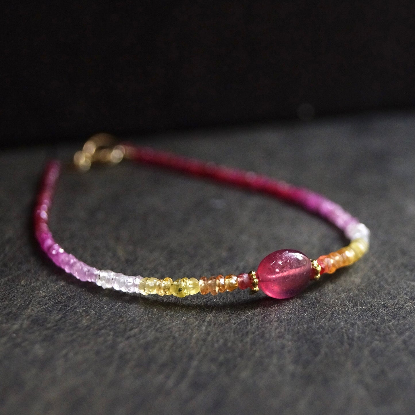 14K Solid Gold: Ombre Ruby and Sapphire Beaded Bracelet, Red Orange Yellow, Shaded Sapphire, Fine Jewelry, Boho, Bohemian, Delicate Skinny