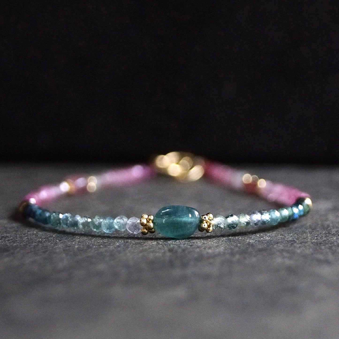 14K Solid Gold: Teal Blue Tourmaline Bead Bracelet, Shaded Pink Blue, Stacking Gemstone Bracelet, Fine Jewelry, Ombre, Chakra, Fine Jewelry