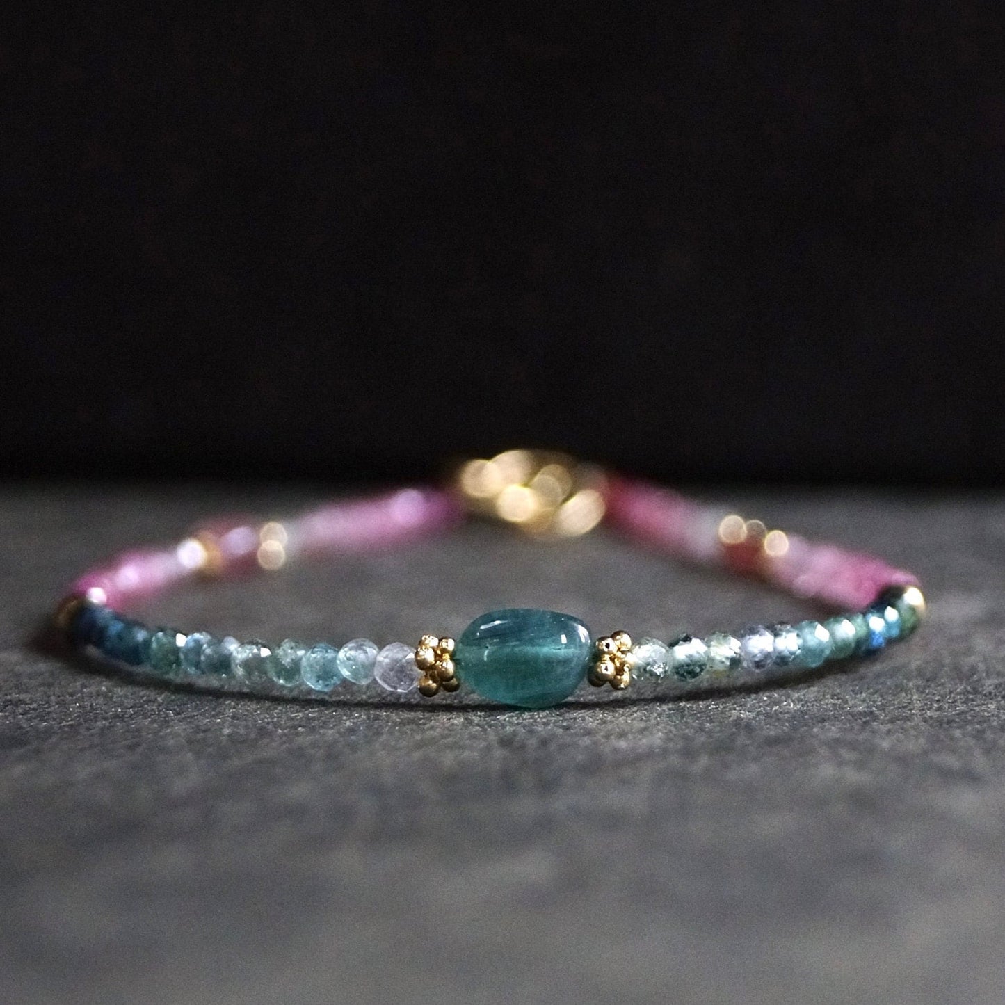 14K Solid Gold: Teal Tourmaline Bead Bracelet, Shaded Pink Blue, Stacking Gemstone Bracelet, Fine Jewelry, Ombre, Chakra, Fine Jewelry