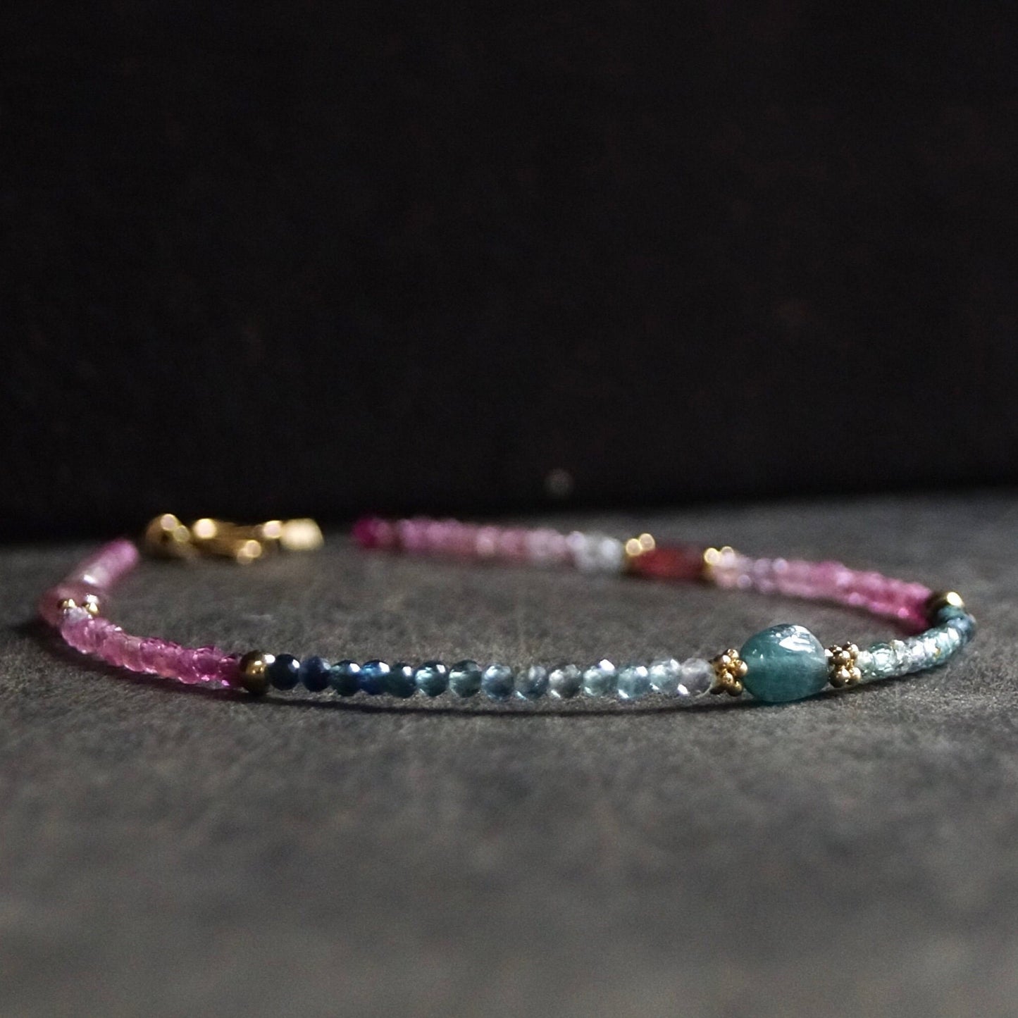 14K Solid Gold: Teal Blue Tourmaline Bead Bracelet, Shaded Pink Blue, Stacking Gemstone Bracelet, Fine Jewelry, Ombre, Chakra, Fine Jewelry