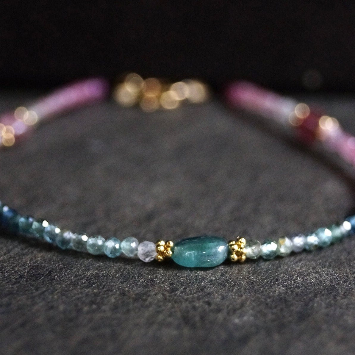 14K Solid Gold: Teal Blue Tourmaline Bead Bracelet, Shaded Pink Blue, Stacking Gemstone Bracelet, Fine Jewelry, Ombre, Chakra, Fine Jewelry