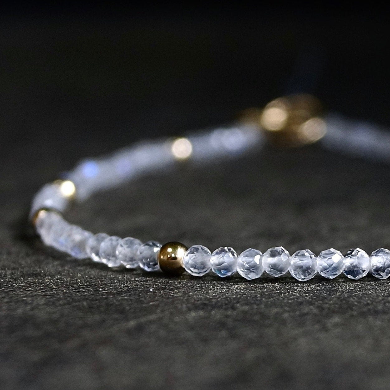 14K Solid Gold: Rainbow Moonstone Bead Bracelet | 2mm | Skinny | Blue Flush Gemstone | Healing Stone