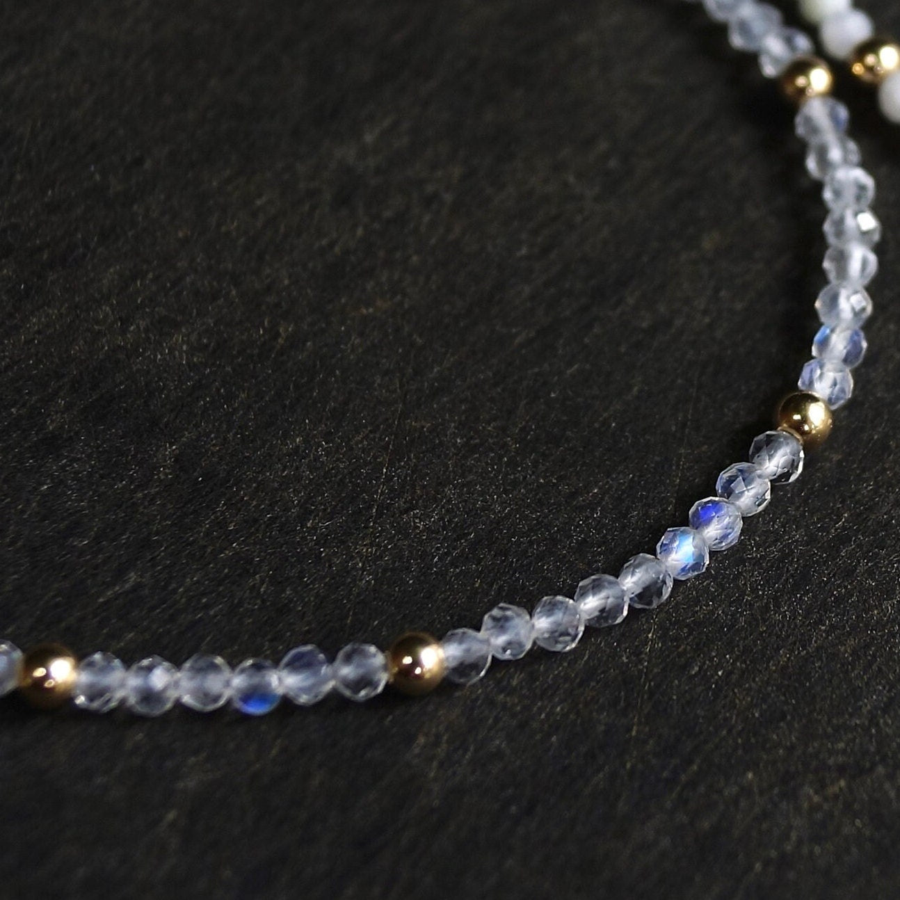 14K Solid Gold: Rainbow Moonstone Bead Bracelet | 2mm | Skinny | Blue Flush Gemstone | Healing Stone