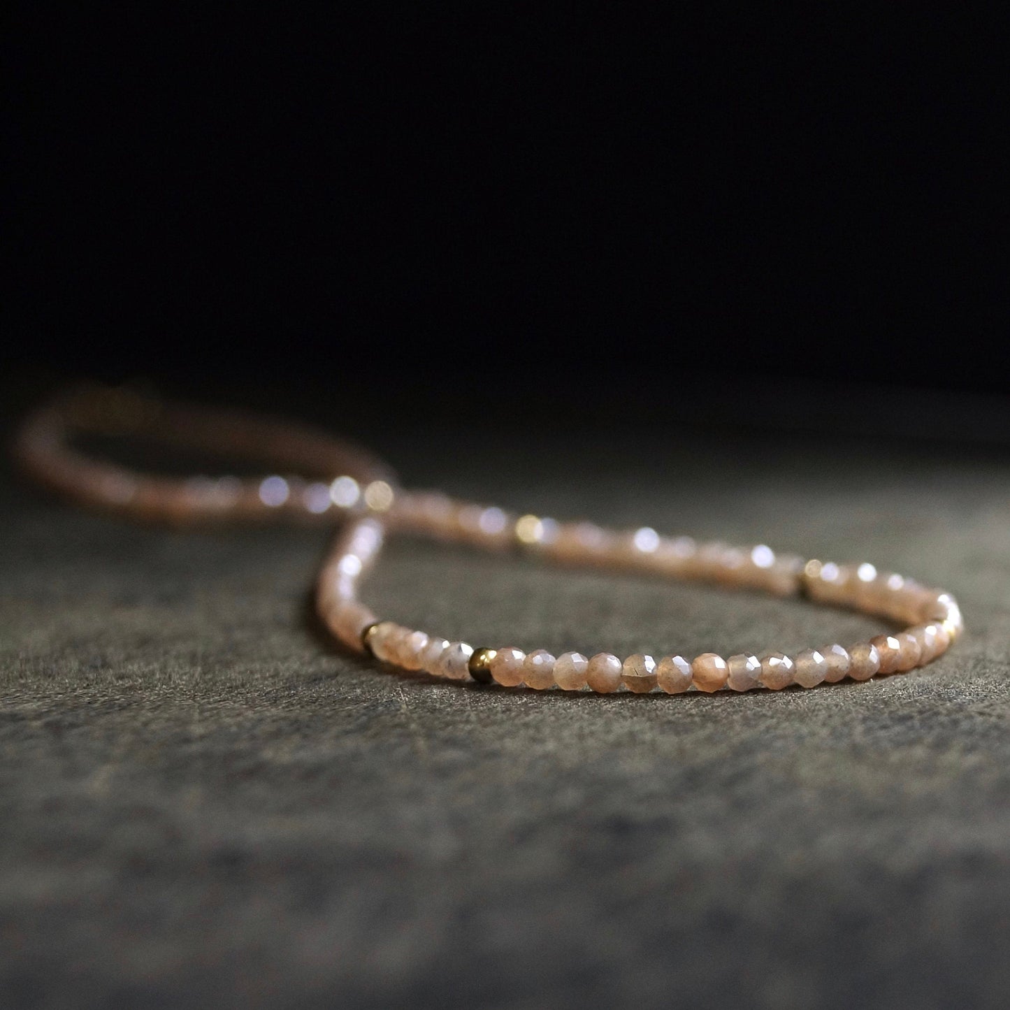 14K Solid Gold: Peach Moonstone Beaded Necklace, Chakra Necklace, Fine Jewelry, Layered Necklace, Skinny Necklace, Pink Gemstone