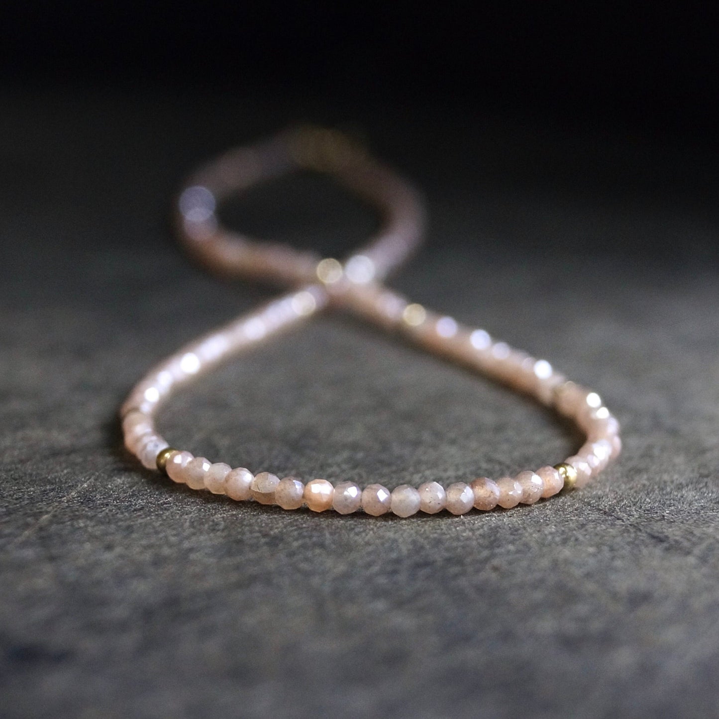 14K Solid Gold: Peach Moonstone Beaded Necklace, Chakra Necklace, Fine Jewelry, Layered Necklace, Skinny Necklace, Pink Gemstone