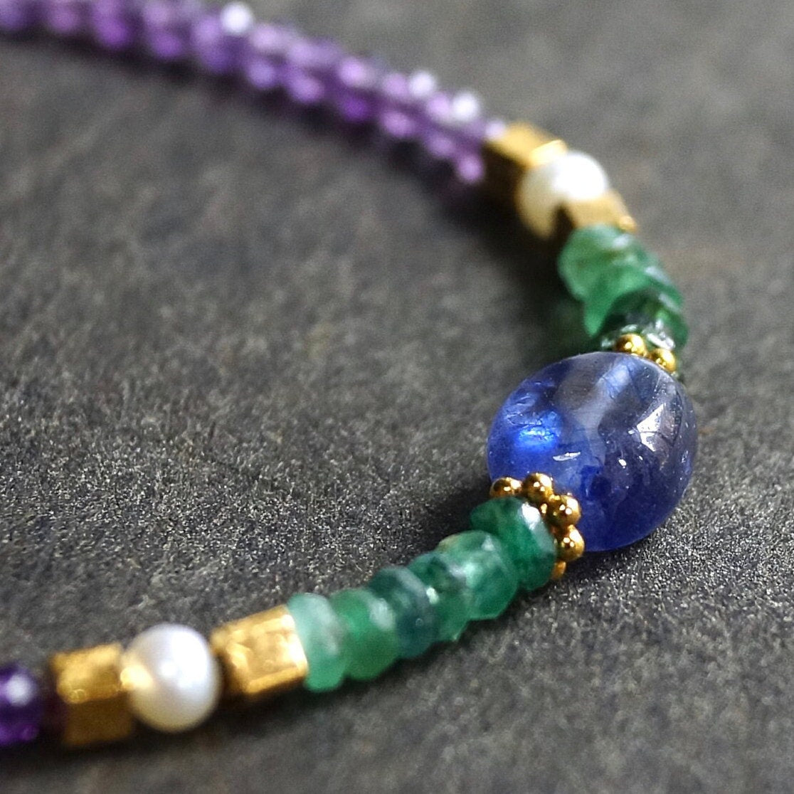 14K Solid Gold & 24K Vermeil: Amethyst Bead Bracelet| Emerald| Sapphire| Green| Blue| Boho| Bohemian| February Birthstone