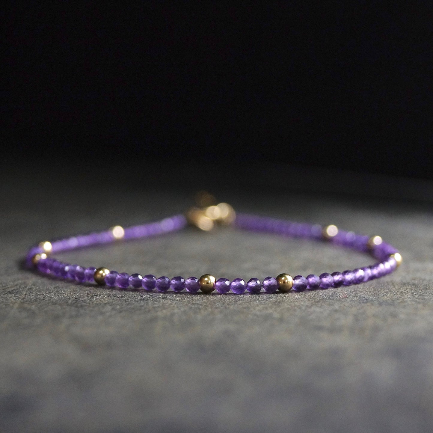 14K Solid Gold: Amethyst Bead Bracelet | 2mm | February Birthstone | Skinny Bracelet | Healing Stone | Crown Chakra | Purple