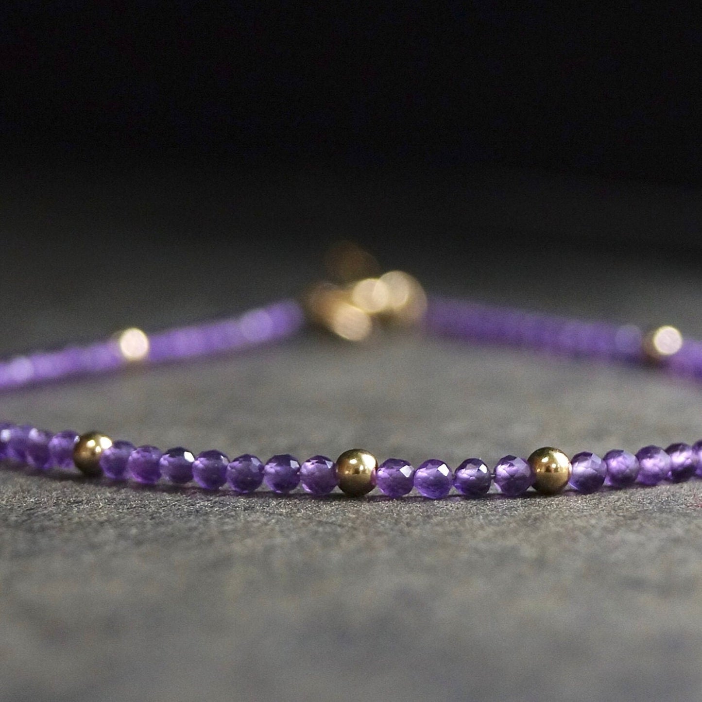 14K Solid Gold: Amethyst Bead Bracelet | 2mm | February Birthstone | Skinny Bracelet | Healing Stone | Crown Chakra | Purple