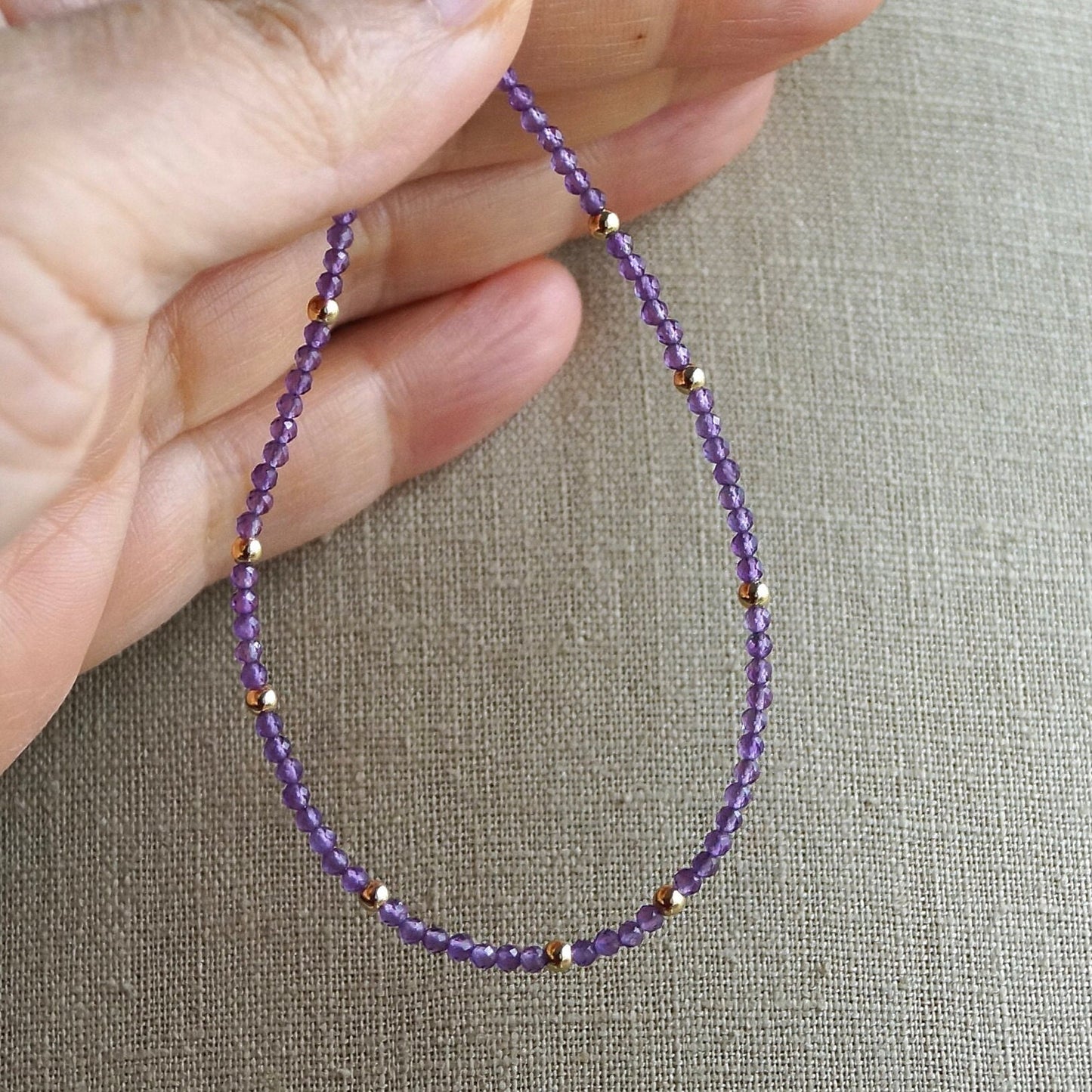 14K Solid Gold: Amethyst Bead Bracelet | 2mm | February Birthstone | Skinny Bracelet | Healing Stone | Crown Chakra | Purple