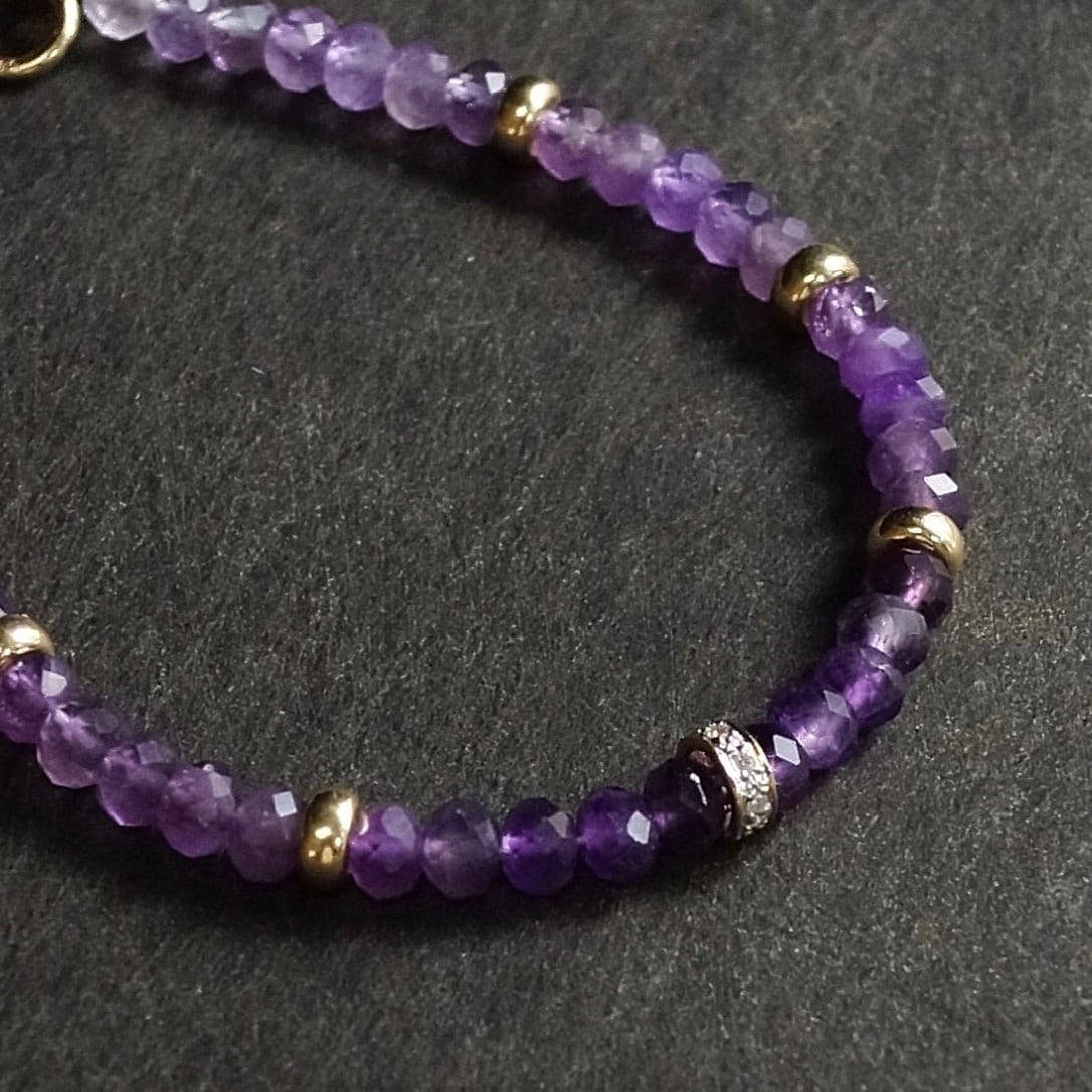 14K Solid Gold: Diamond & Amethyst Bead Bracelet | 4mm | February Birthstone | Healing Stone | Crown Chakra | Purple