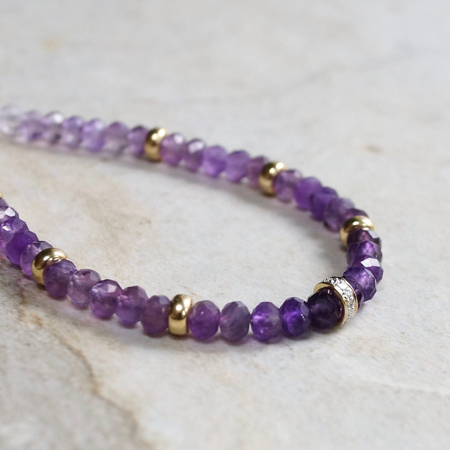 14K Solid Gold: Diamond & Amethyst Bead Bracelet | 4mm | February Birthstone | Healing Stone | Crown Chakra | Purple