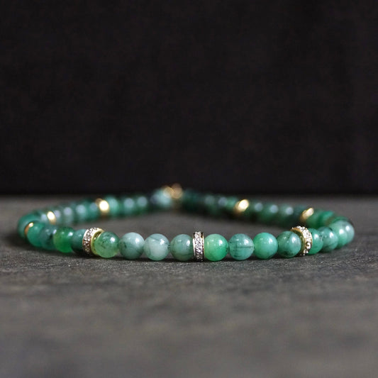 14K Solid Gold: Diamond & Emerald Bead Bracelet | 4mm | May Birthstone |Green Natural Emerald| Natural Diamond| For Him