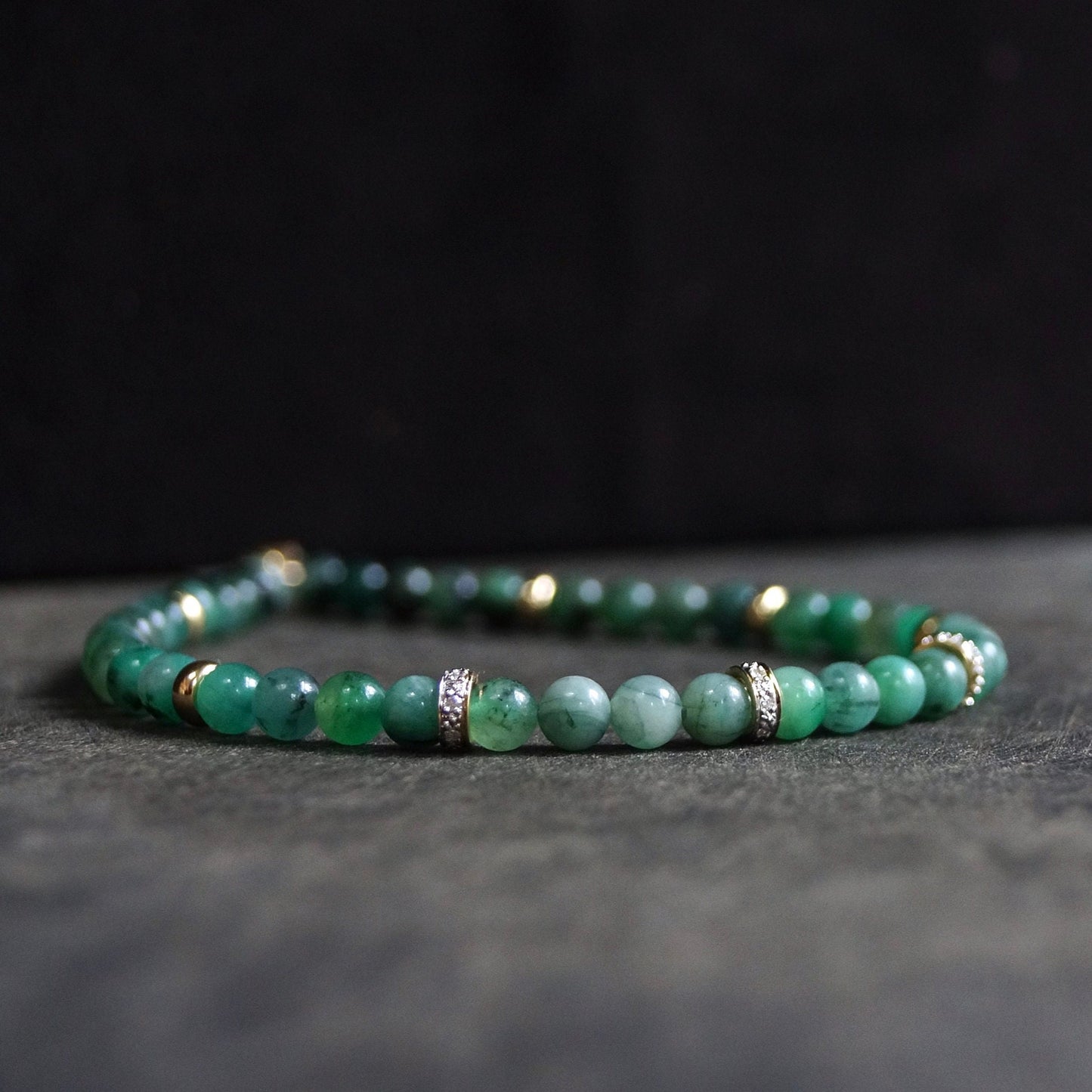 14K Solid Gold: Diamond & Emerald Bead Bracelet | 4mm | May Birthstone |Green Natural Emerald| Natural Diamond| For Him