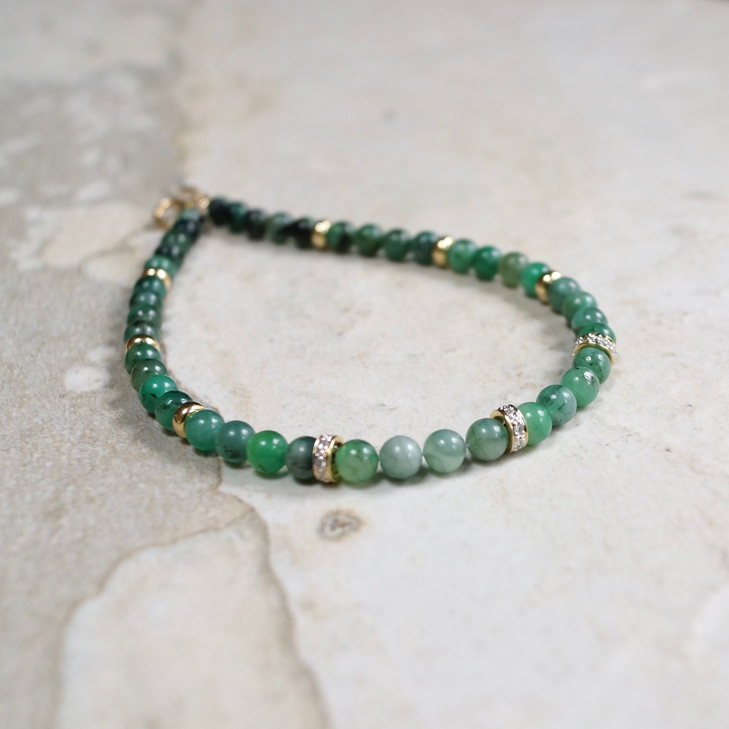 14K Solid Gold: Diamond & Emerald Bead Bracelet | 4mm | May Birthstone |Green Natural Emerald| Natural Diamond| For Him