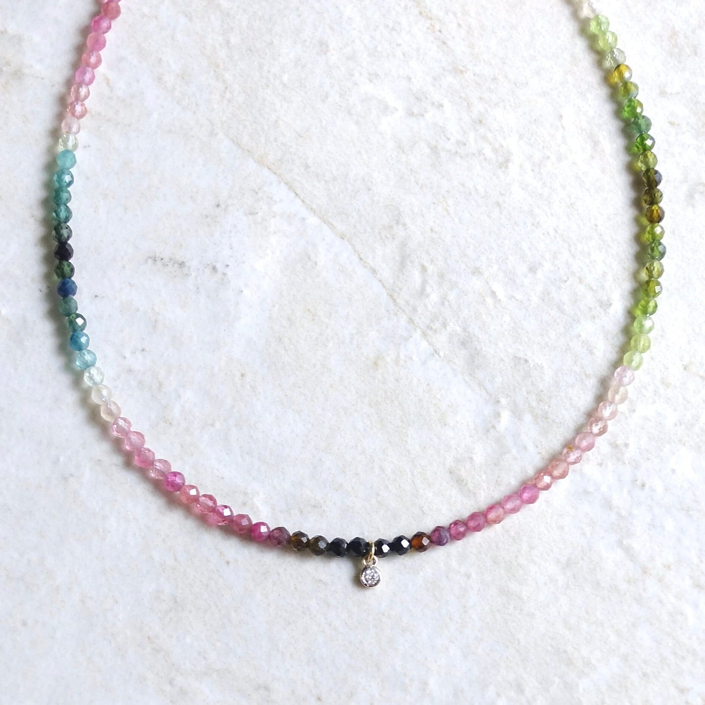 14K: Diamond & Tourmaline Necklace| 2.5mm | Pink |Watermelon Tourmaline |Bead Gemstone |Rainbow Multi Color | Fine Jewelry