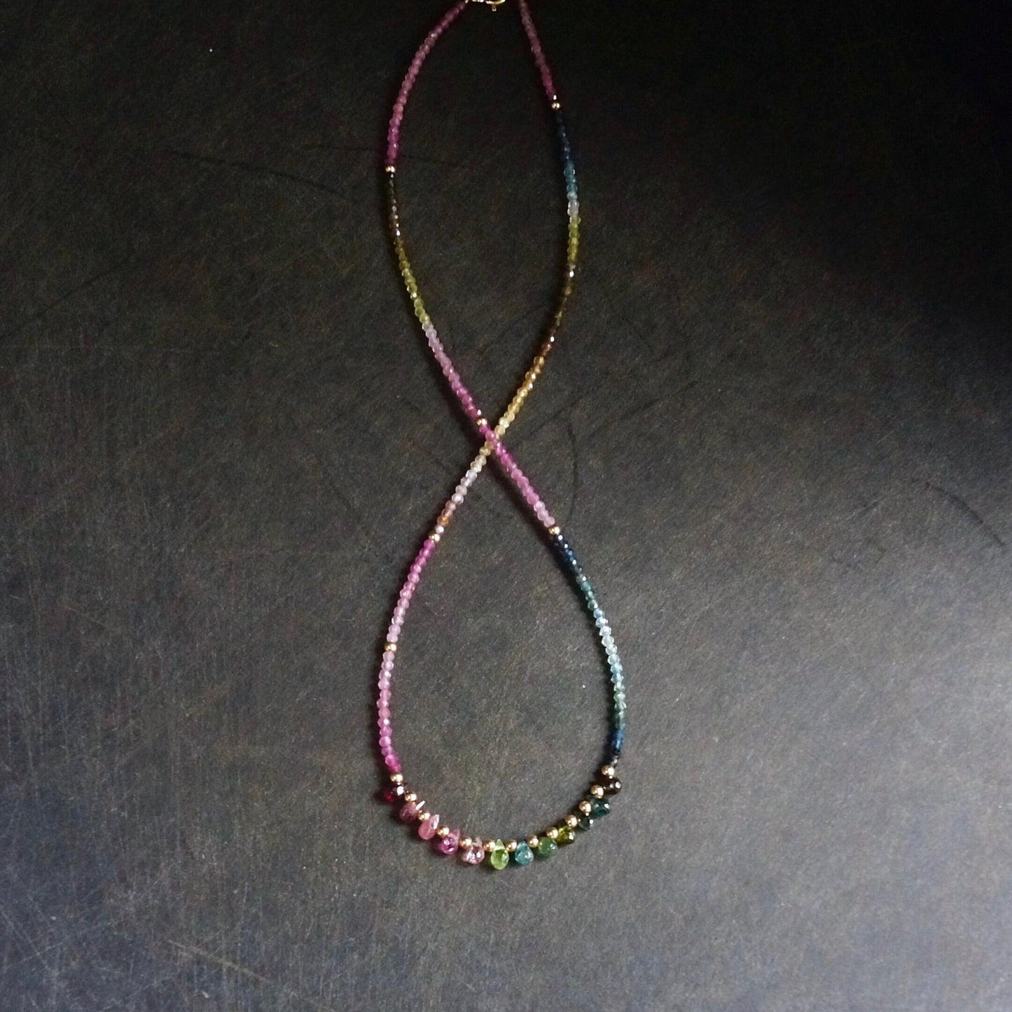 14K Solid Gold: Watermelon Tourmaline Ombre Beaded Necklace, Pink & Blue, Shaded Tourmaline, layered Necklace, Multi Color Beaded Necklace