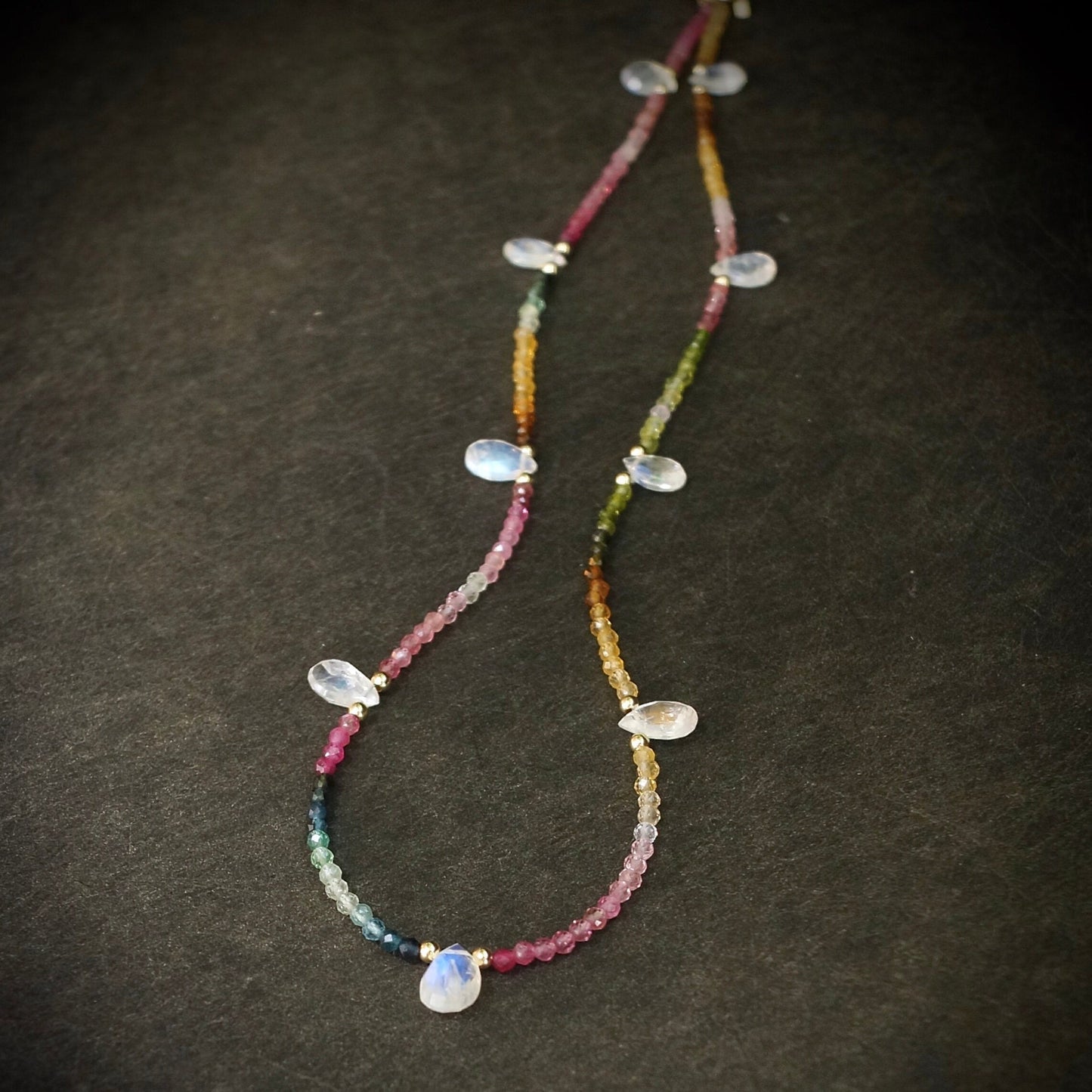 14K: Rainbow Moonstone & Tourmaline Ombre Bead Necklace| Pink Blue Green| Gemstone Necklace| Boho| Bohemian | Multi Color| Fine Jewelry