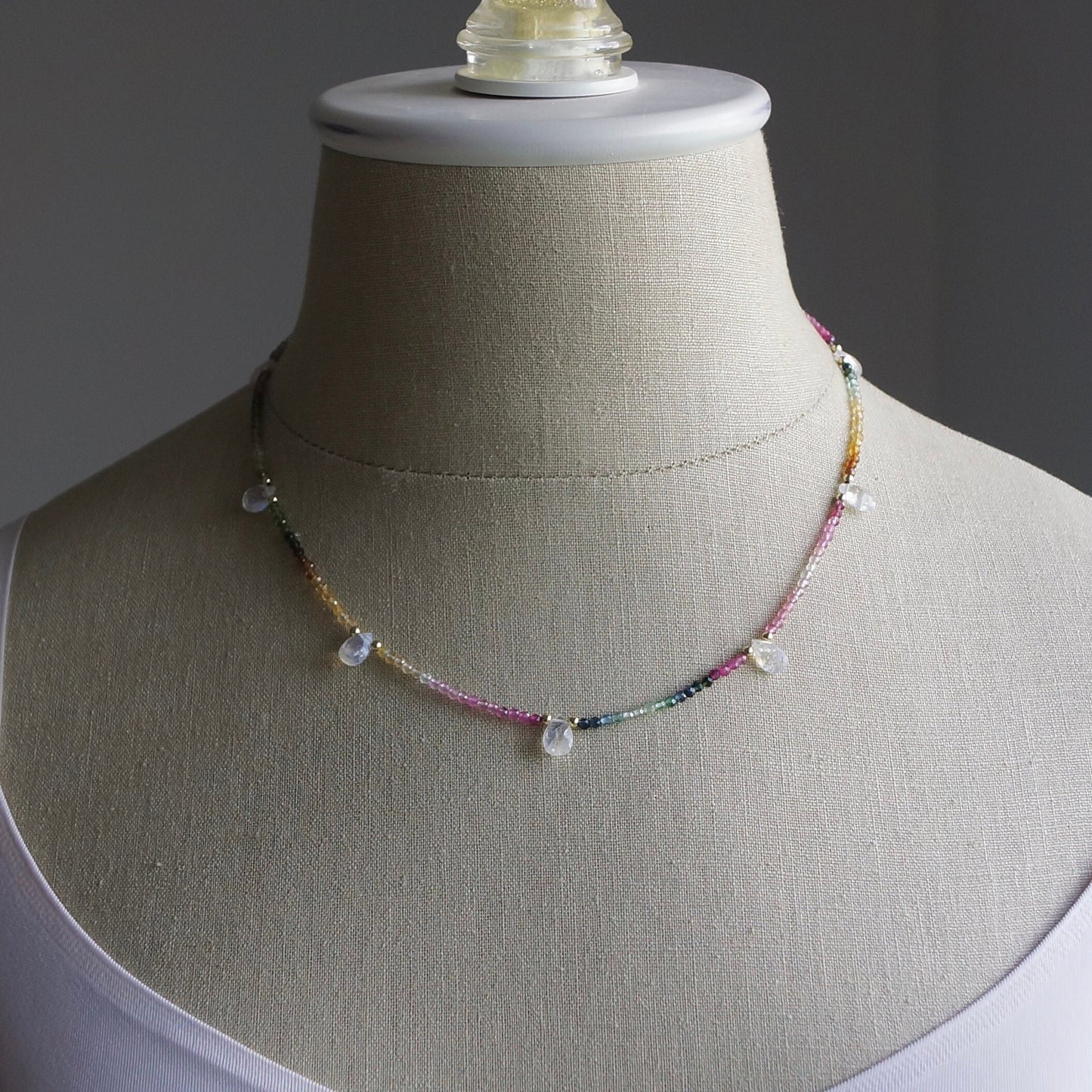 14K: Rainbow Moonstone & Tourmaline Ombre Bead Necklace| Pink Blue Green| Gemstone Necklace| Boho| Bohemian | Multi Color| Fine Jewelry