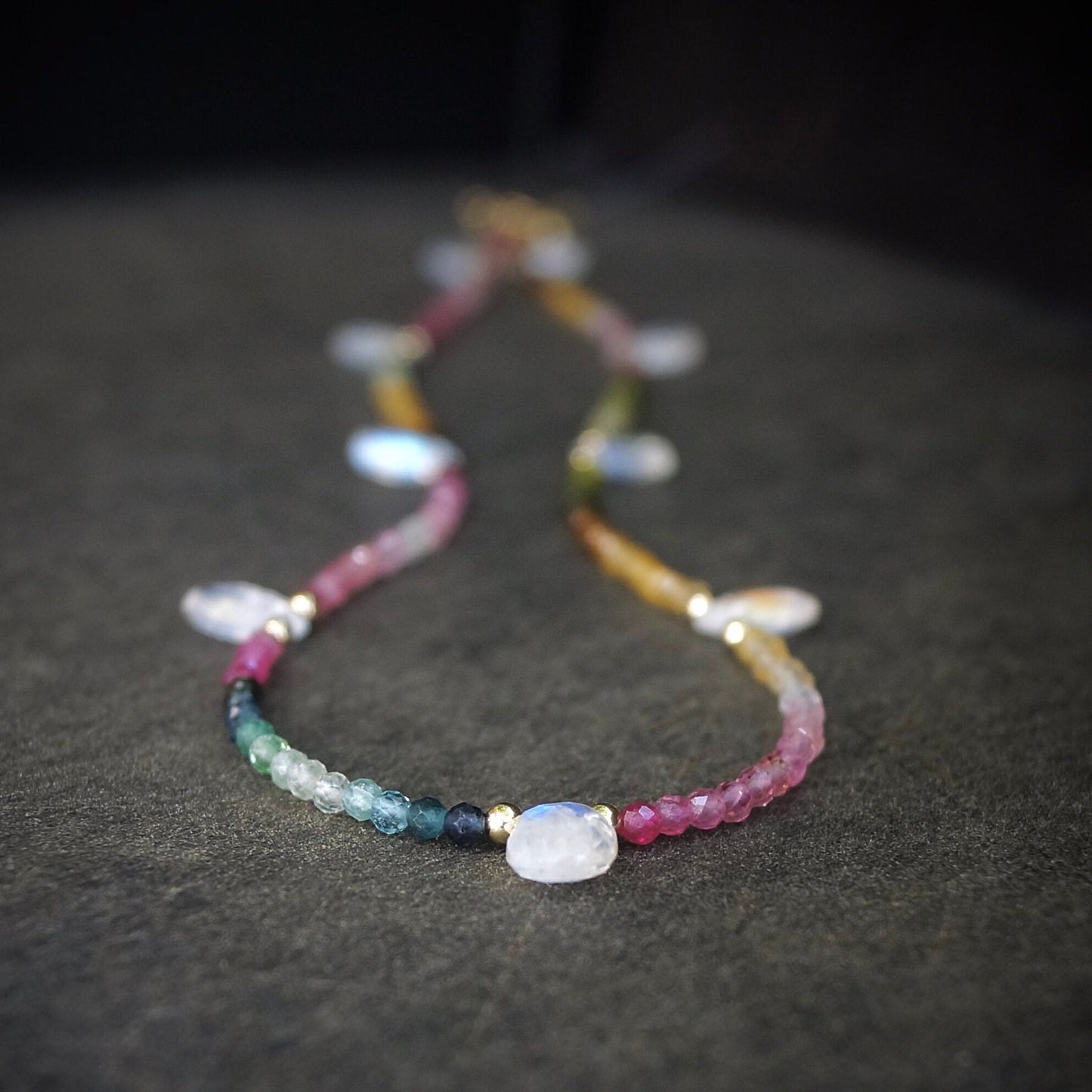 14K: Rainbow Moonstone & Tourmaline Ombre Bead Necklace| Pink Blue Green| Gemstone Necklace| Boho| Bohemian | Multi Color| Fine Jewelry