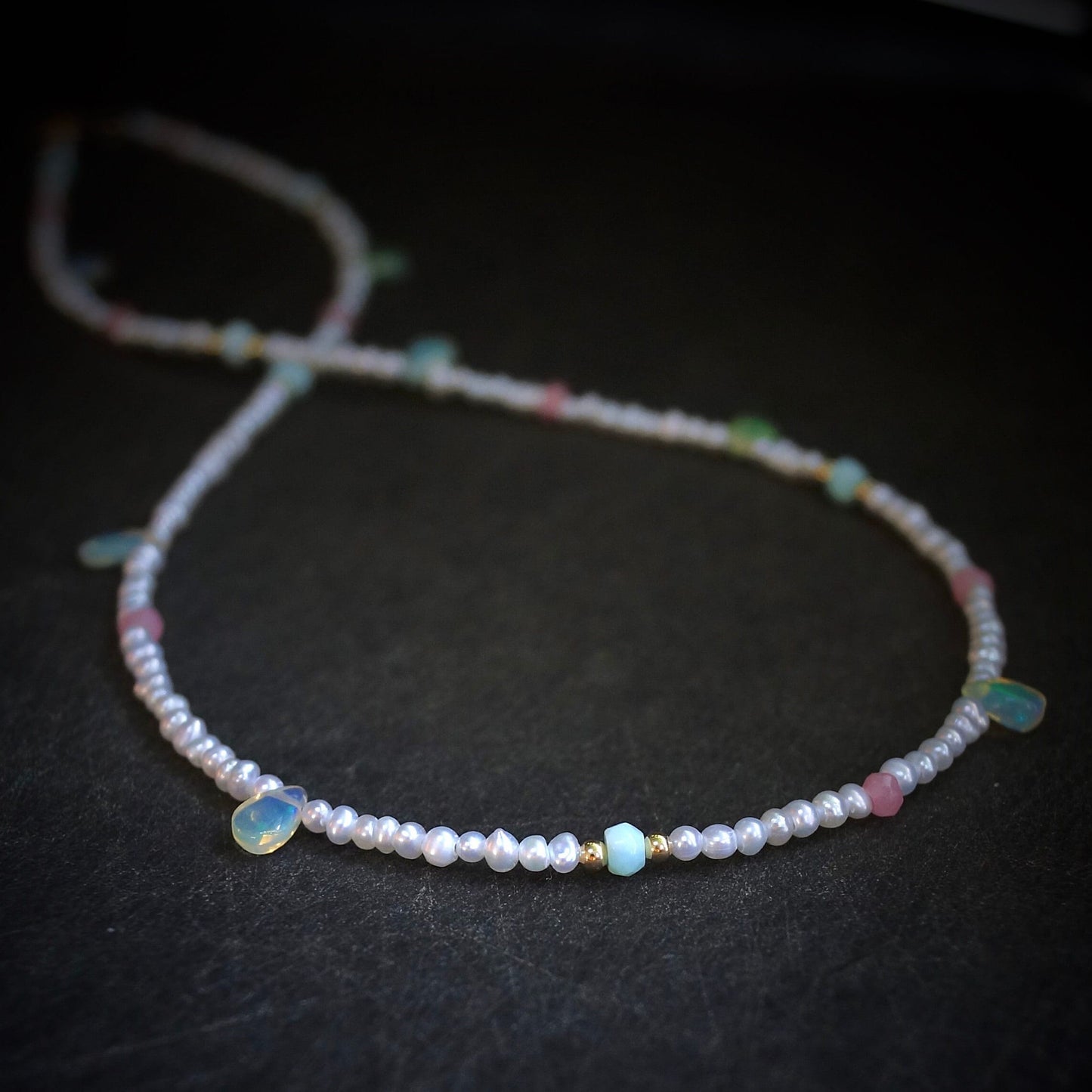 14K Solid Gold: Natural Pearl & Opal Bead Necklace| Rainbow Opals| Fine Jewelry| 2.5mm| Pastel Colors| Blue Pink Green| Bridal Necklace