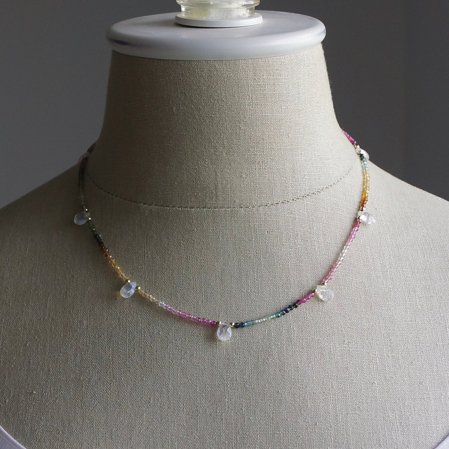 14K: Rainbow Moonstone & Tourmaline Ombre Bead Necklace| Pink Blue Green| Gemstone Necklace| Boho| Bohemian | Multi Color| Fine Jewelry