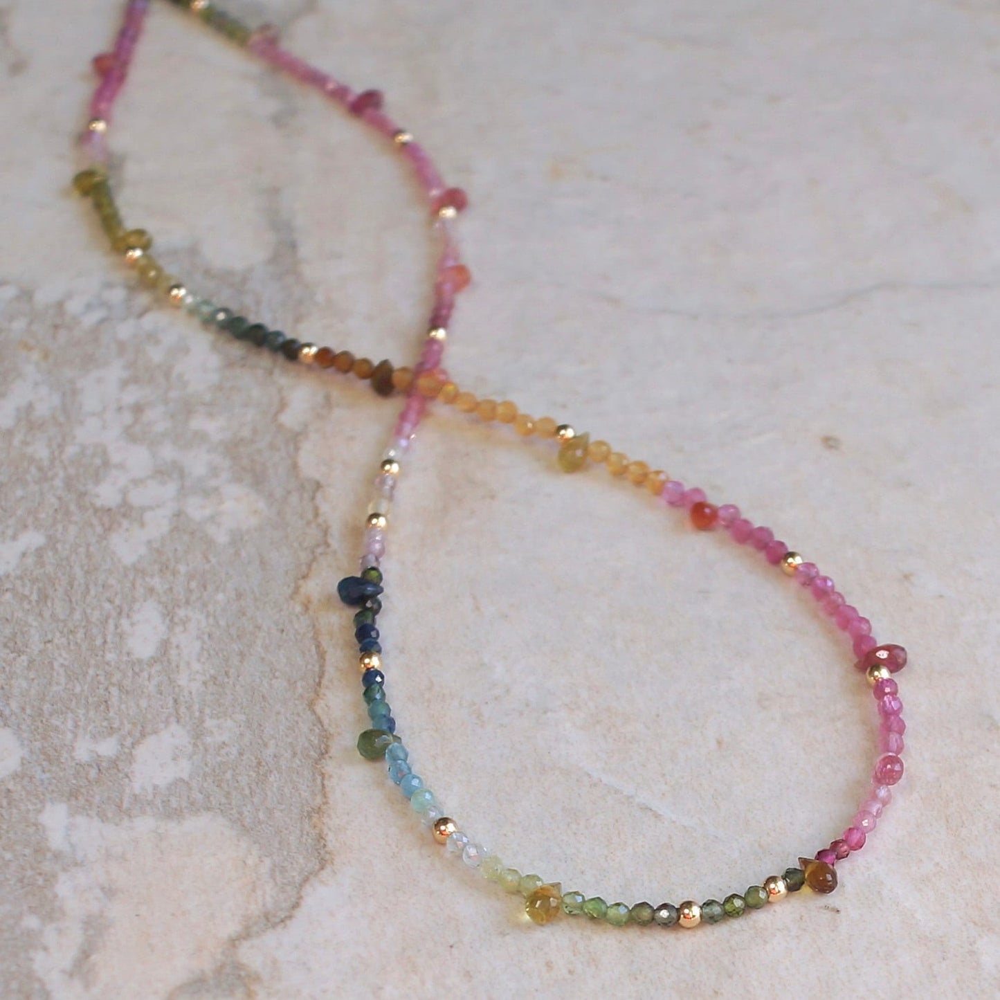 14K: Tourmaline Ombre Bead Necklace| Pink Blue Green| Rainbow Gemstone Bead Necklace| Boho| Bohemian | Multi Color