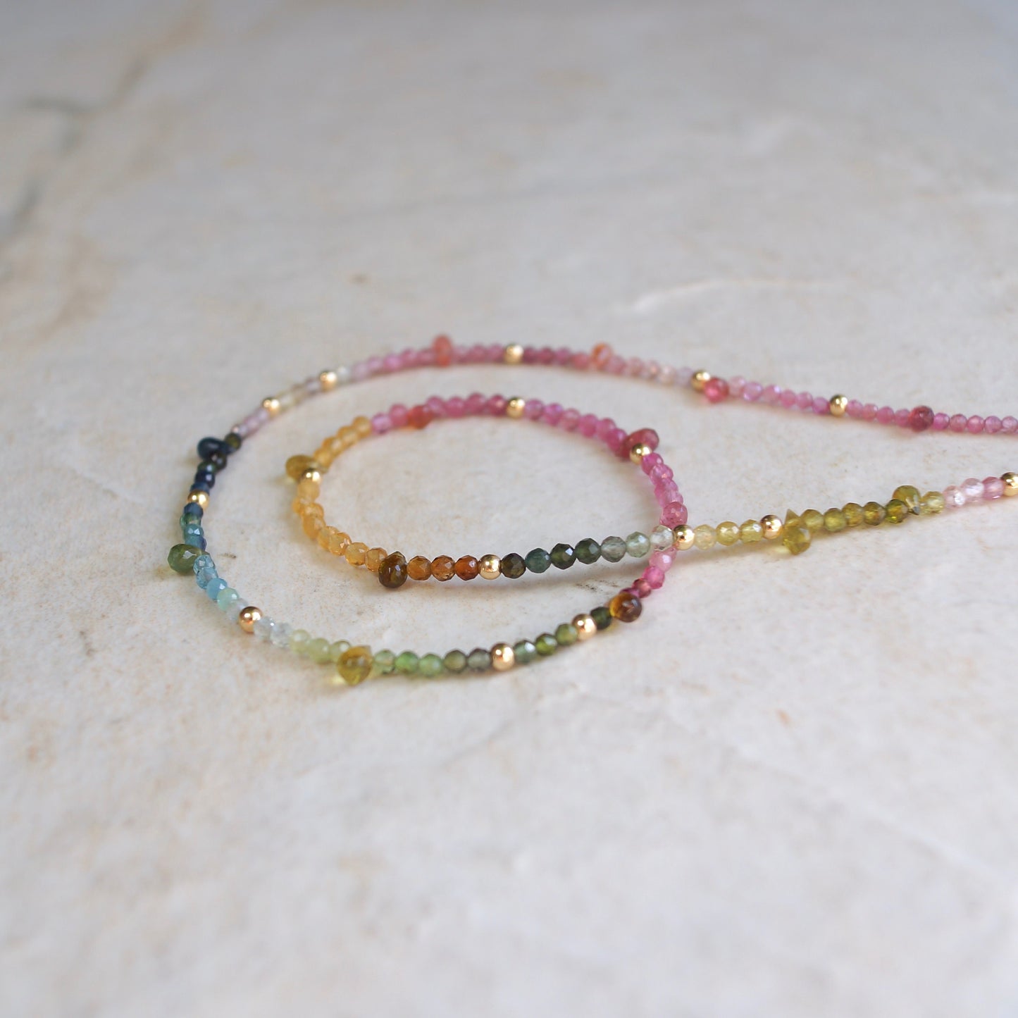 14K: Tourmaline Ombre Bead Necklace| Pink Blue Green| Rainbow Gemstone Bead Necklace| Boho| Bohemian | Multi Color