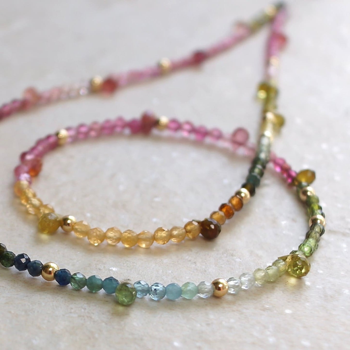 14K: Tourmaline Ombre Bead Necklace| Pink Blue Green| Rainbow Gemstone Bead Necklace| Boho| Bohemian | Multi Color