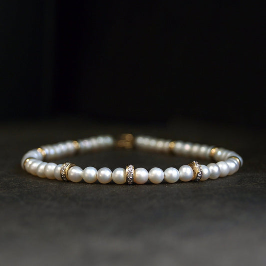 14K Solid Gold: Diamond & Pearl Bead Bracelet | 4mm | Bridal Jewelry |Ivory Pearl| Natural Diamond| Fine Jewelry| Natural Pearl