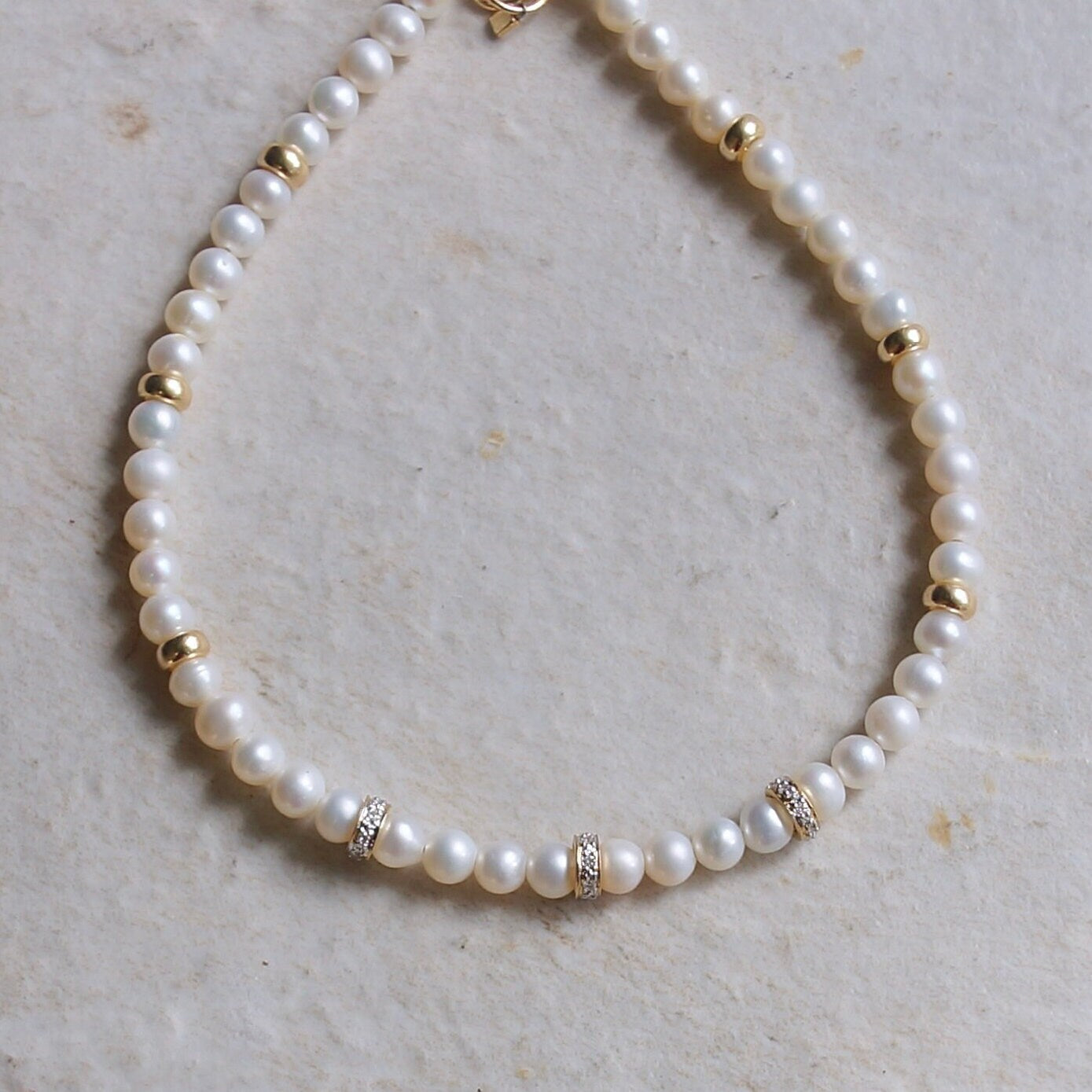 14K Solid Gold: Diamond & Pearl Bead Bracelet | 4mm | Bridal Jewelry |Ivory Pearl| Natural Diamond| Fine Jewelry| Natural Pearl