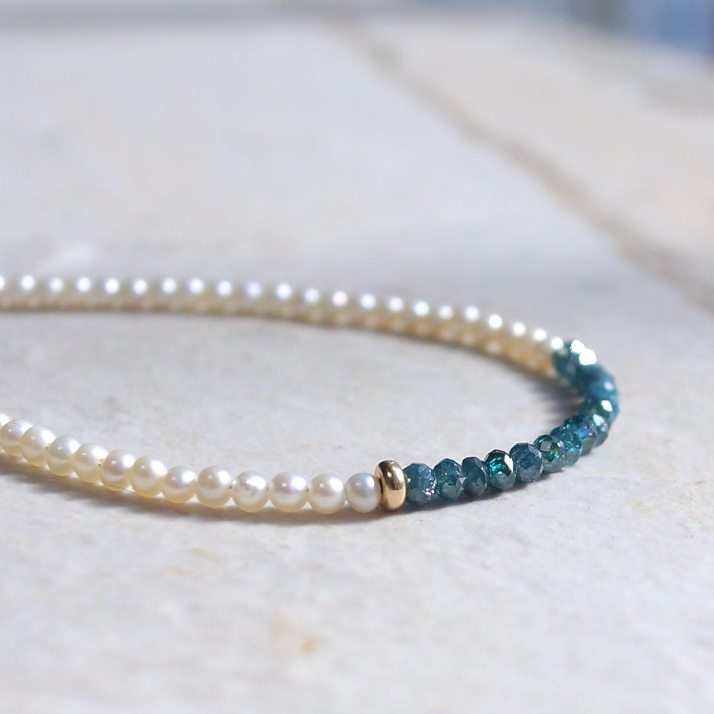 14K Blue Diamond Bracelet | 2.5mm| Solid Gold| Natural Pearl Bead| Natural Diamond Bead| Fine Jewelry | Anniversary Gift