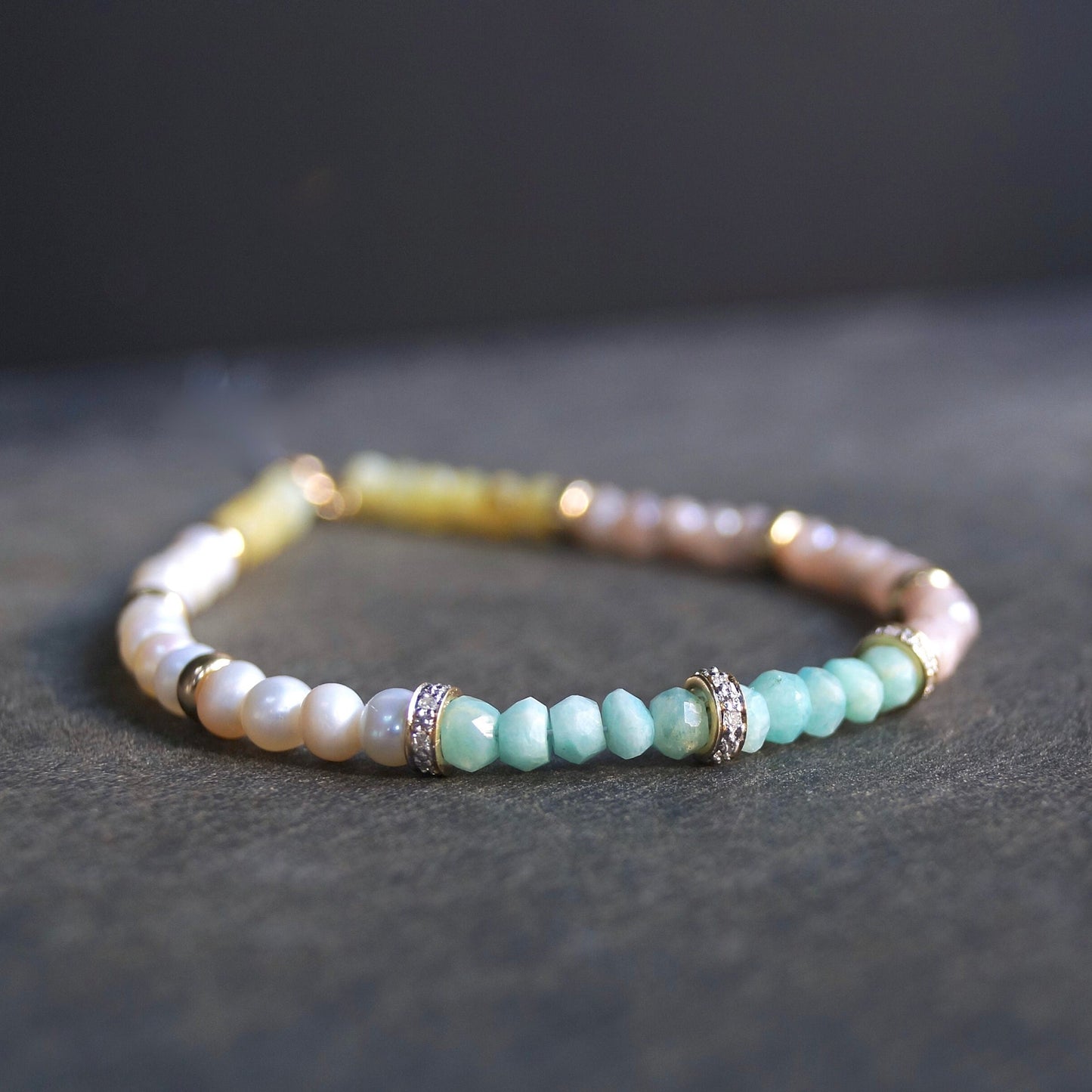 14K: Diamond Spiritual Bracelet| 4mm| Natural Diamond | Opal| Amazonite| Natural Pearl| Pastel Colors| Fine Jewelry| Blue Pink Yellow