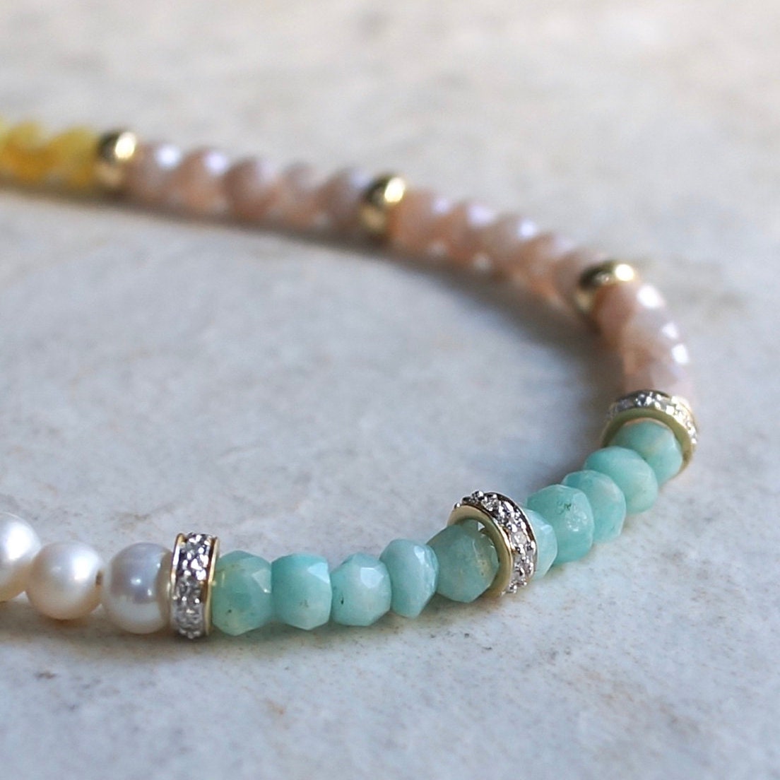 14K: Diamond Spiritual Bracelet| 4mm| Natural Diamond | Opal| Amazonite| Natural Pearl| Pastel Colors| Fine Jewelry| Blue Pink Yellow