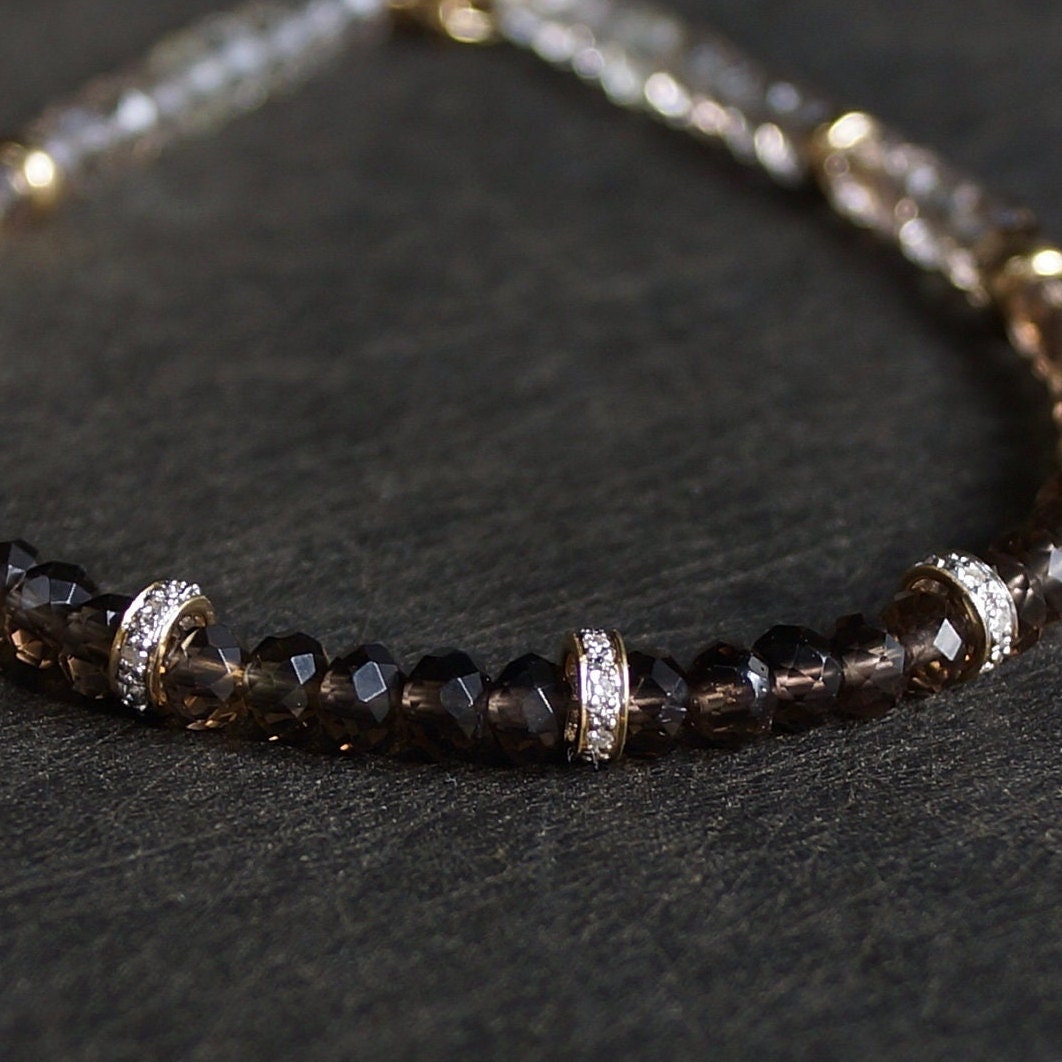 14K: Smoky Quartz & Diamond Bead Bracelet | 4mm | Natural Diamond | Brown Quartz | Father's Day | Fine Jewelry | For Him | Ombre | Gradient