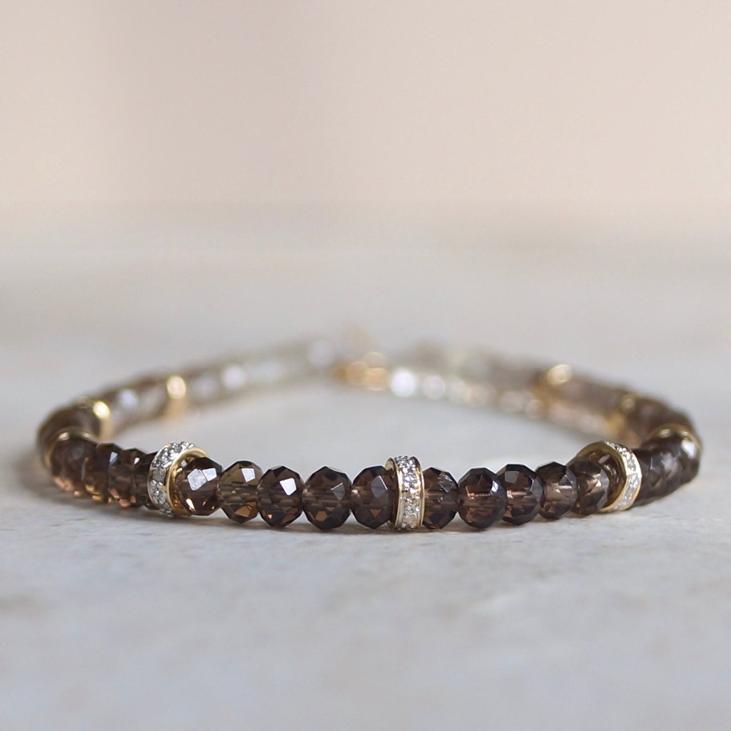 14K: Smoky Quartz & Diamond Bead Bracelet | 4mm | Natural Diamond | Brown Quartz | Father's Day | Fine Jewelry | For Him | Ombre | Gradient