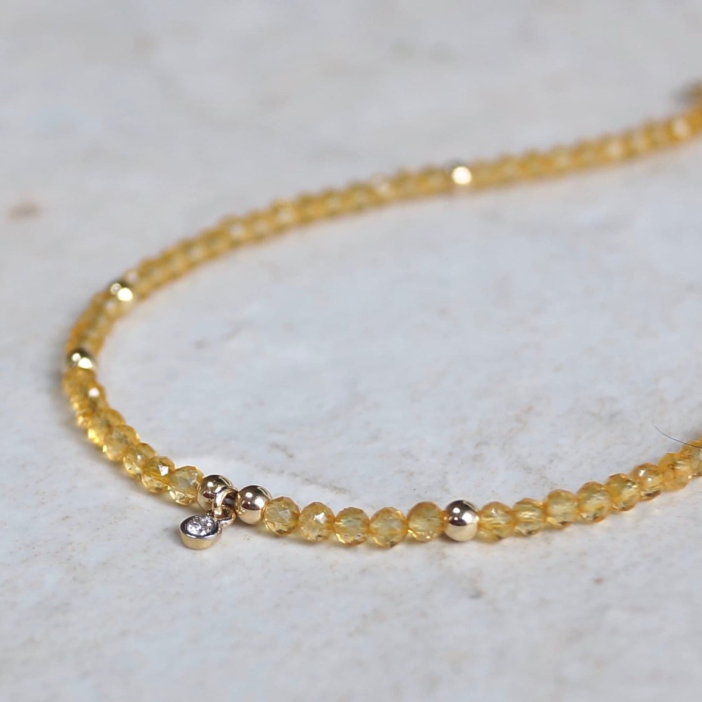 14K: Diamond & Citrine Bracelet | 2mm | Natural Diamond Charm | Yellow Crystal | Boho| Delicate  | Fine Jewelry | Anniversary