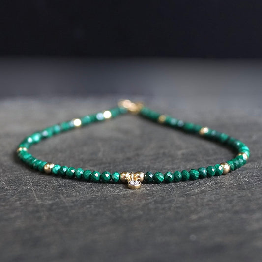 14K: Diamond & Malachite Bracelet | 2mm | Natural Diamond Charm | Green Gemstone | Boho| Delicate  | Fine Jewelry | Anniversary