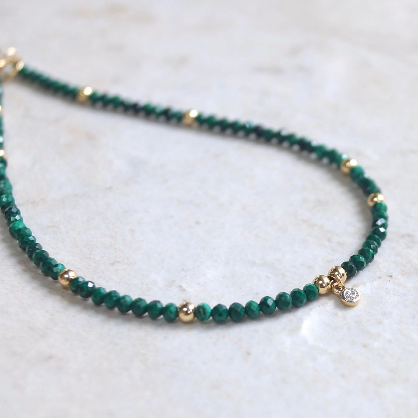 14K: Diamond & Malachite Bracelet | 2mm | Natural Diamond Charm | Green Gemstone | Boho| Delicate  | Fine Jewelry | Anniversary