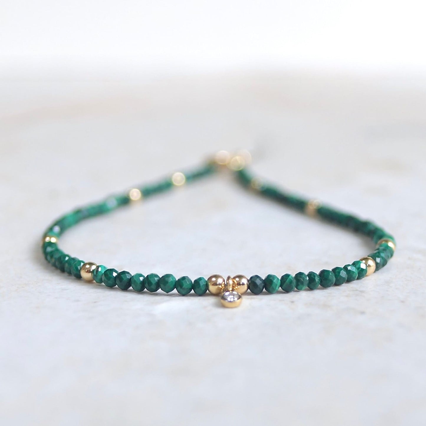 14K: Diamond & Malachite Bracelet | 2mm | Natural Diamond Charm | Green Gemstone | Boho| Delicate  | Fine Jewelry | Anniversary