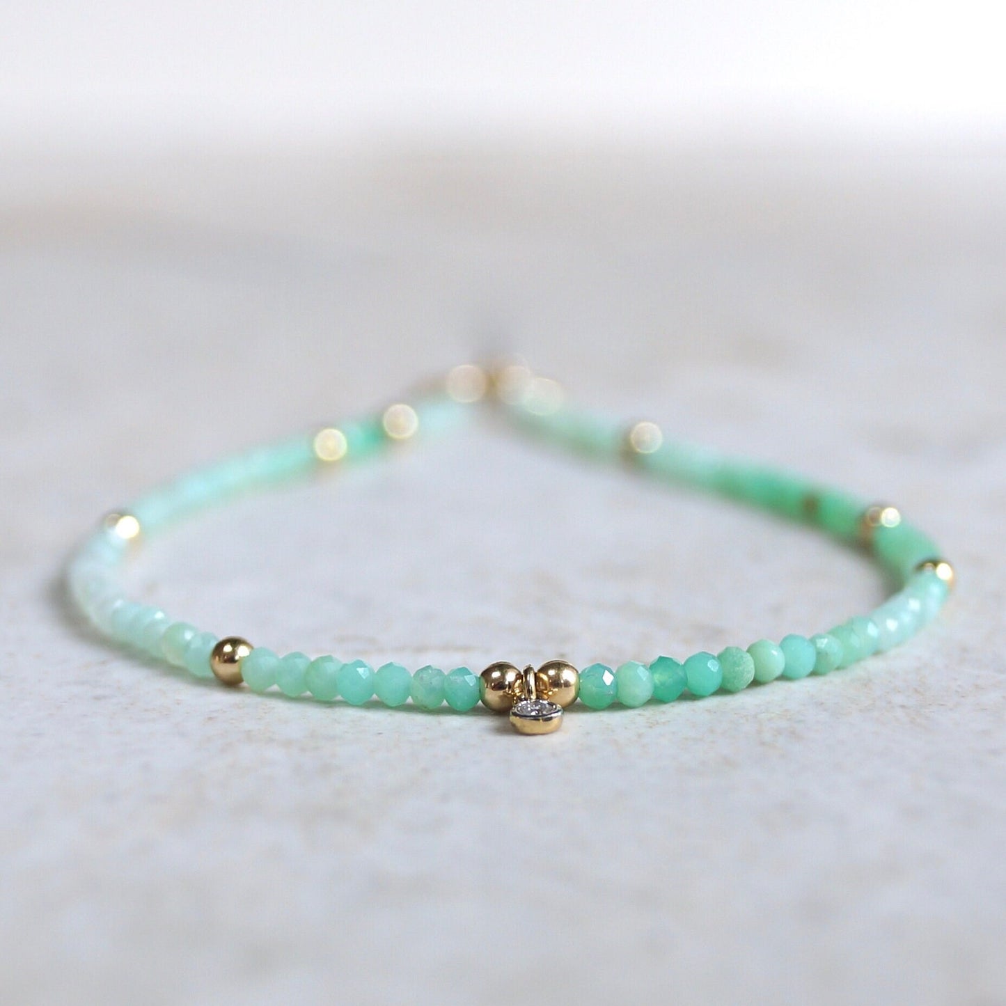 14K: Diamond & Chrysoprase Bracelet | 2 mm | Natural Diamond Charm | Apple Green Gemstone | Boho| Delicate  | Fine Jewelry | Anniversary