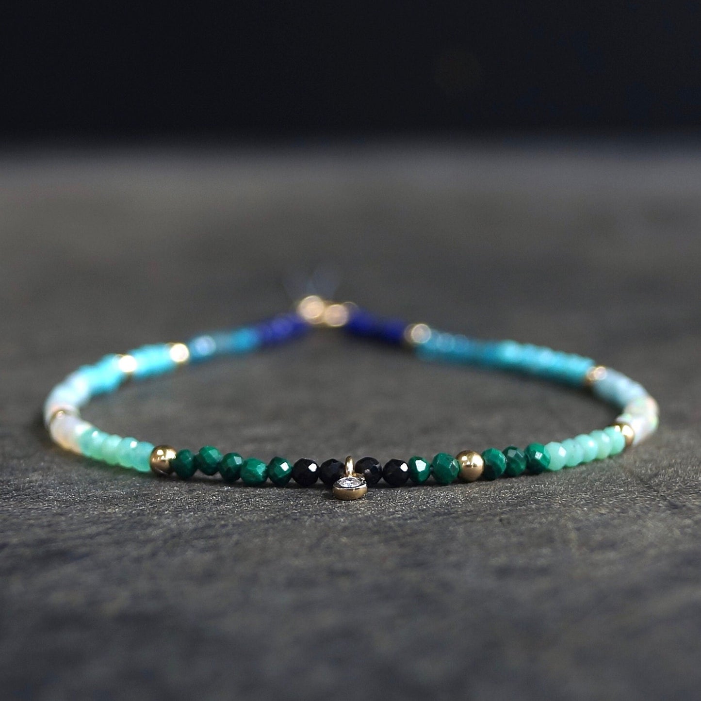 14K: Diamond & Multi Color Bead Bracelet | 2mm | Natural Diamond Charm | Rainbow Gemstone | Boho| Ombre  | Fine Jewelry | Anniversary