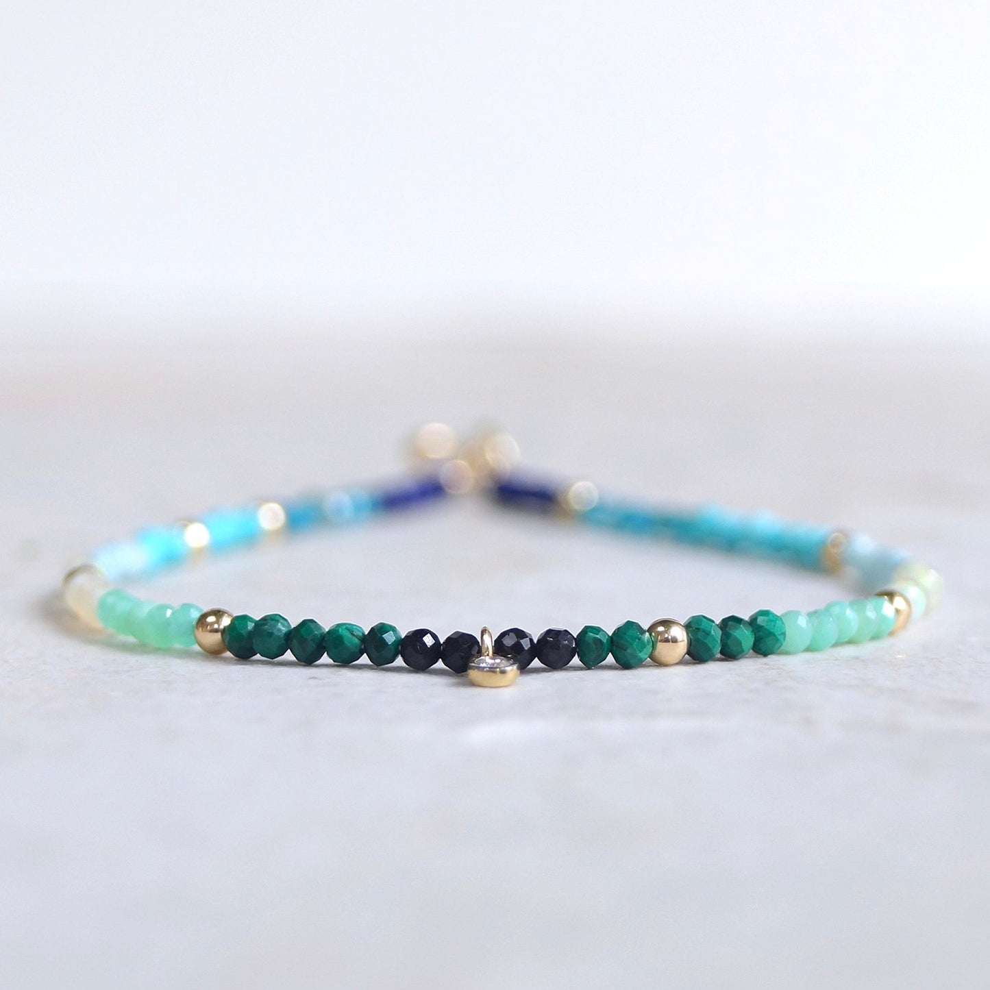 14K: Diamond & Multi Color Bead Bracelet | 2mm | Natural Diamond Charm | Rainbow Gemstone | Boho| Ombre  | Fine Jewelry | Anniversary