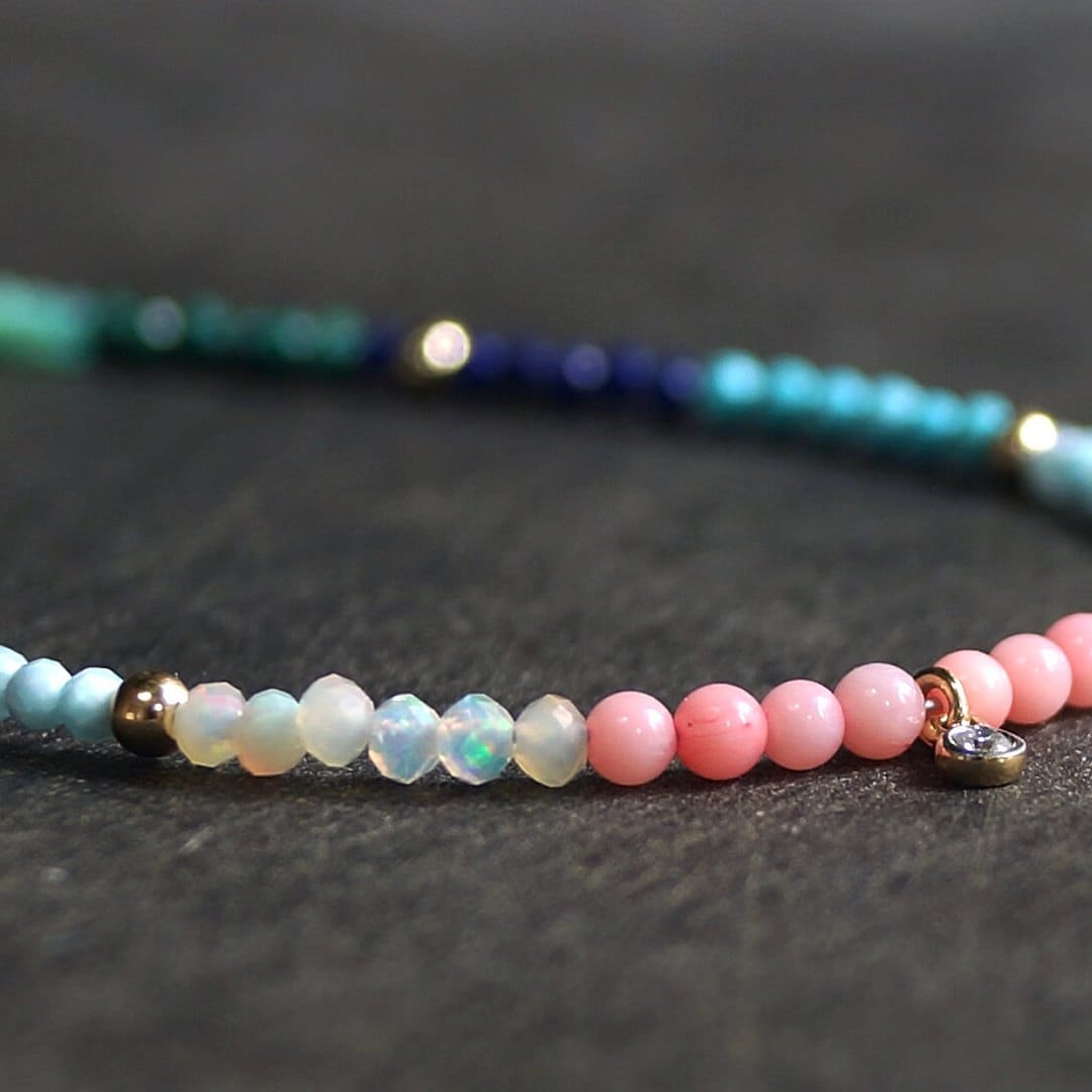 14K: Diamond & Multi Color Bead Bracelet | 2mm | Natural Diamond Charm | Rainbow Gemstone | Boho| Ombre  | Fine Jewelry | Anniversary