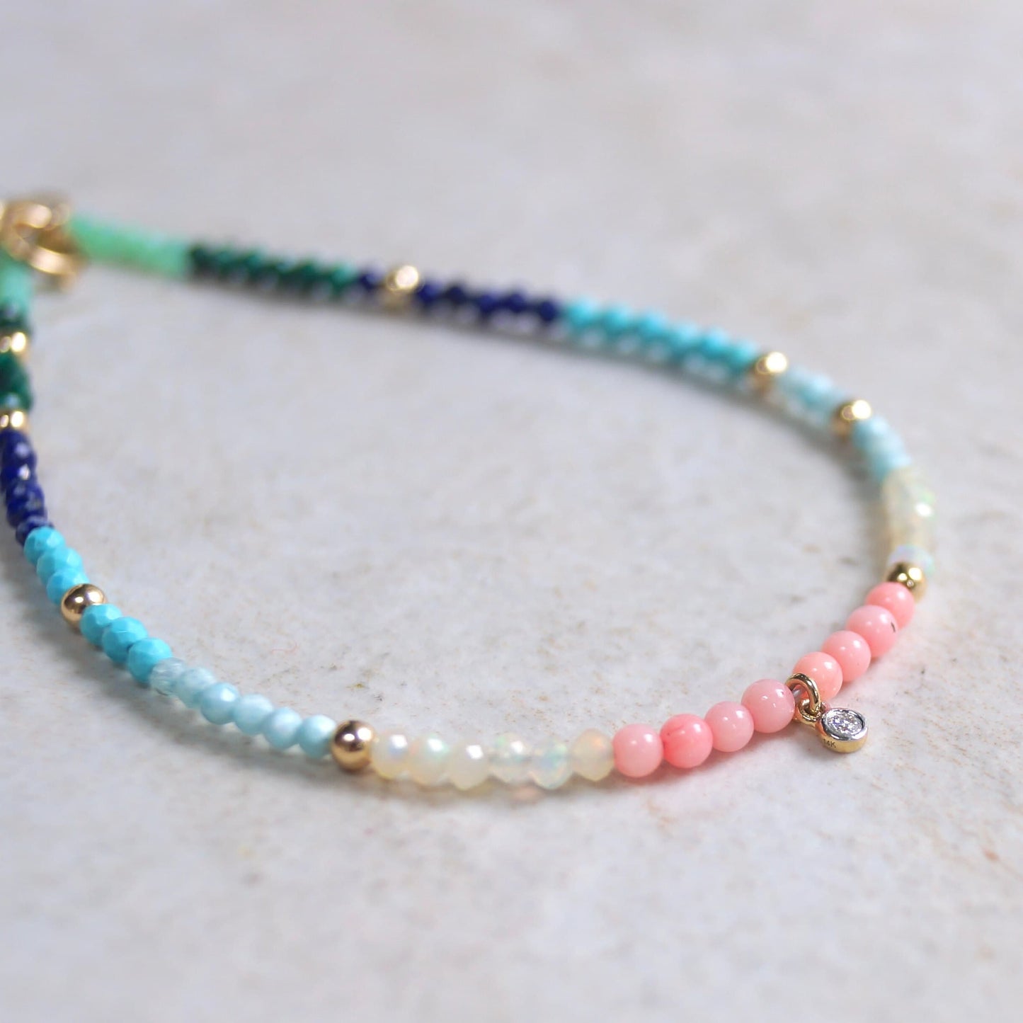 14K: Diamond & Multi Color Bead Bracelet | 2mm | Natural Diamond Charm | Rainbow Gemstone | Boho| Ombre  | Fine Jewelry | Anniversary