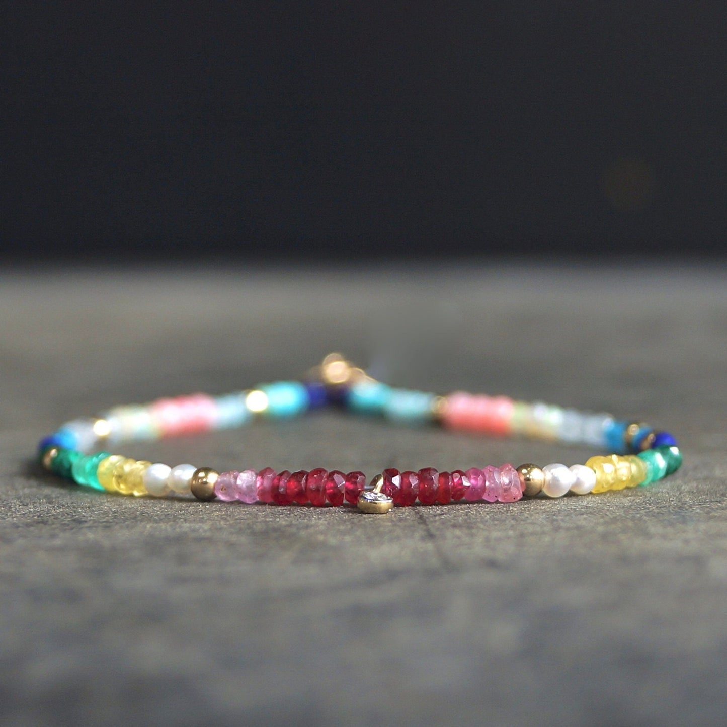 14K: Diamond & Rainbow Bracelet | 2mm | Natural Diamond Charm | Rainbow Gemstone | Boho| Ombre  | Fine Jewelry | Multi Color