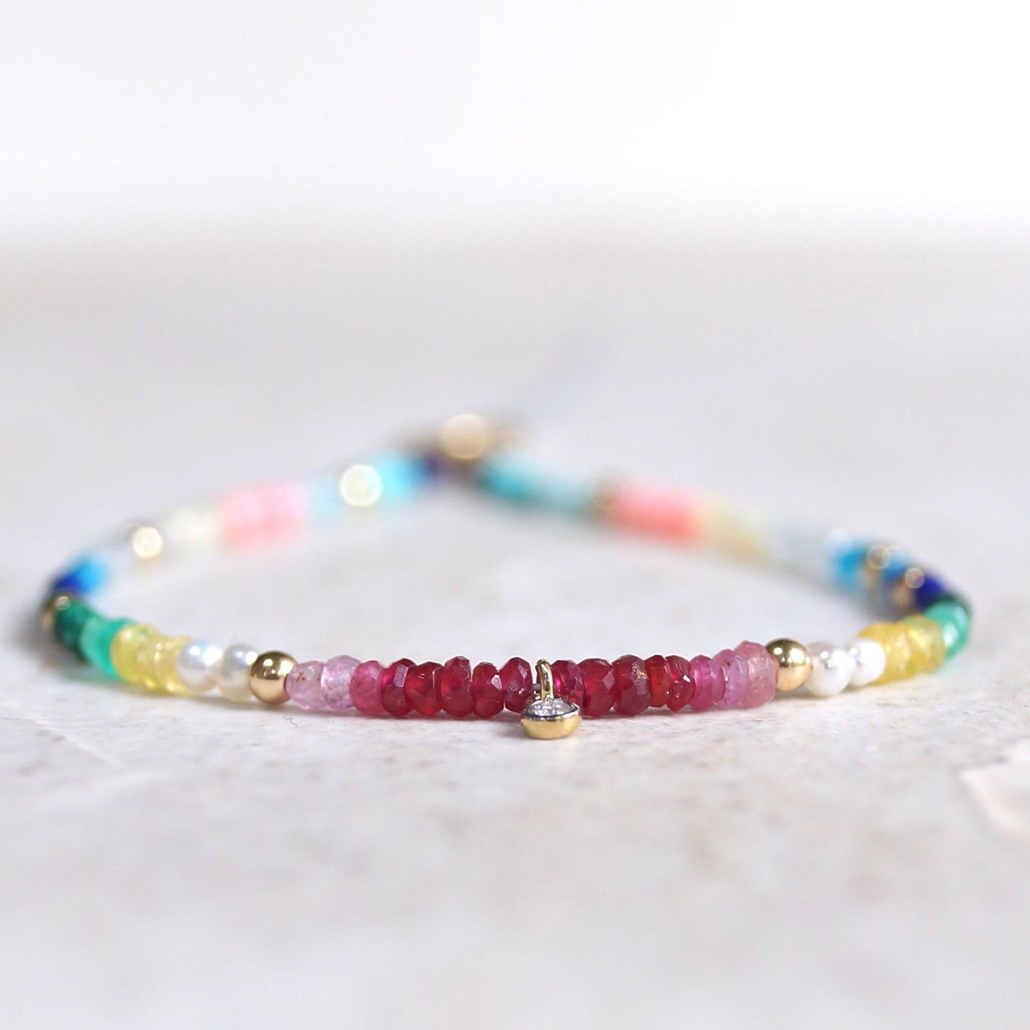 14K: Diamond & Rainbow Bracelet | 2mm | Natural Diamond Charm | Rainbow Gemstone | Boho| Ombre  | Fine Jewelry | Multi Color