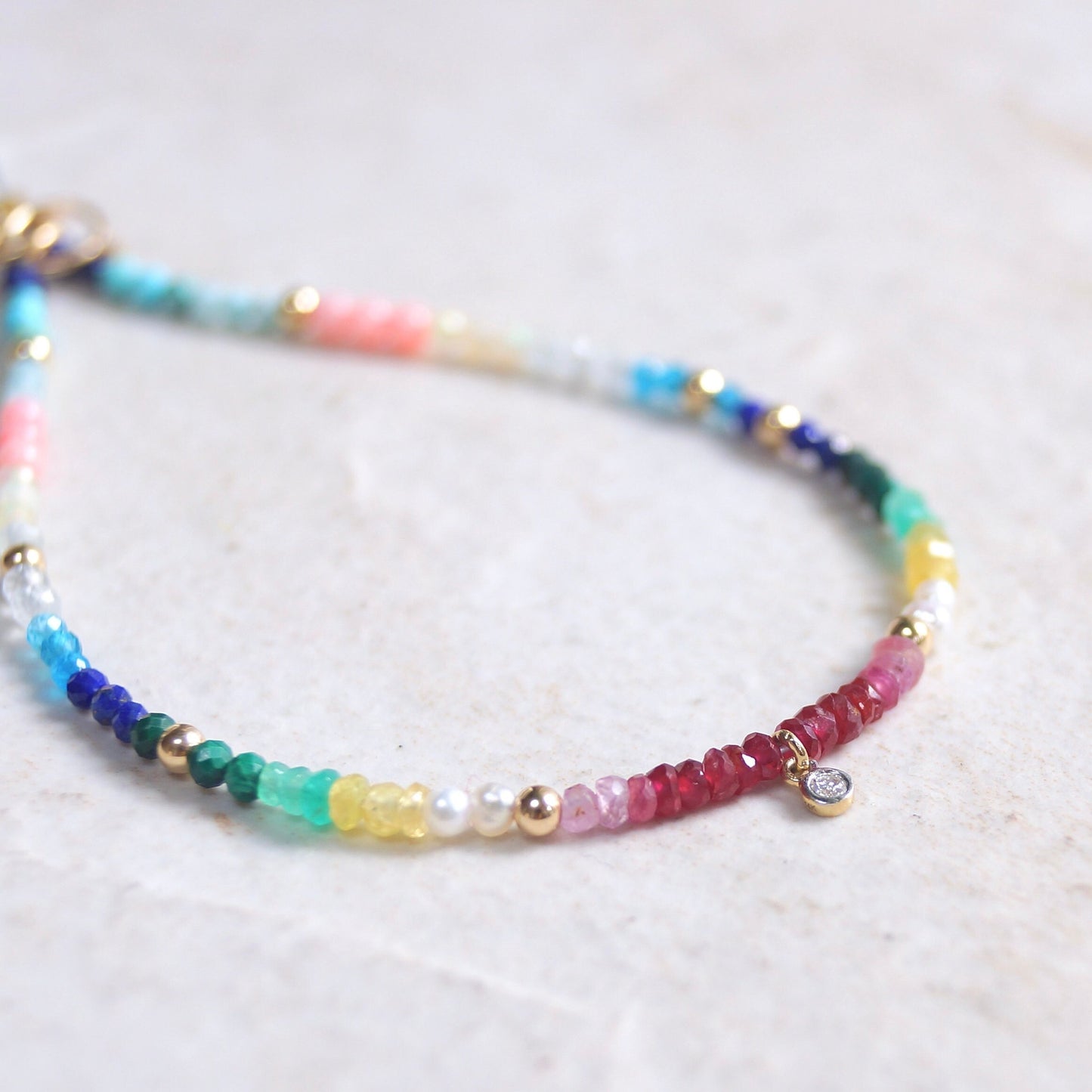 14K: Diamond & Rainbow Bracelet | 2mm | Natural Diamond Charm | Rainbow Gemstone | Boho| Ombre  | Fine Jewelry | Multi Color