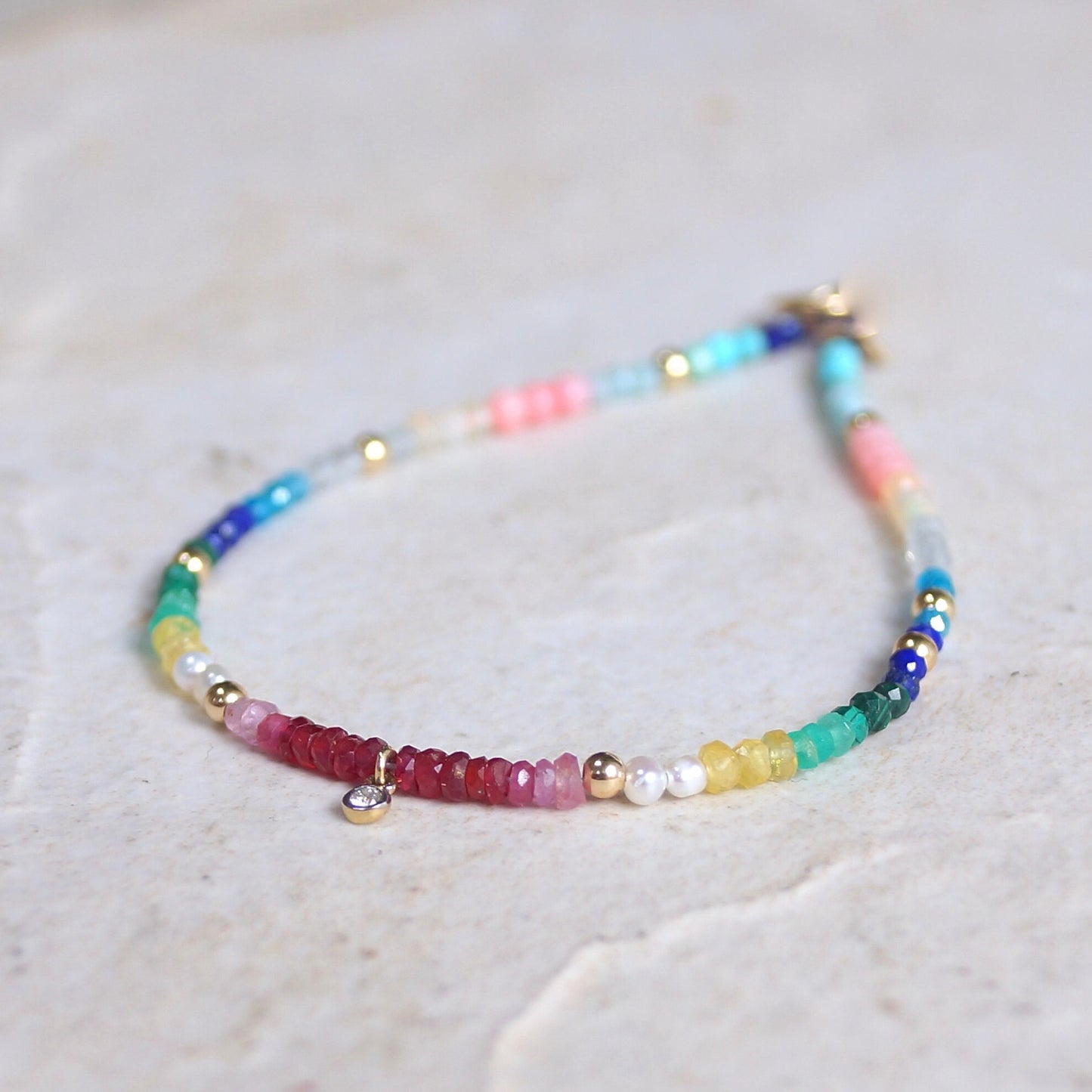 14K: Diamond & Rainbow Bracelet | 2mm | Natural Diamond Charm | Rainbow Gemstone | Boho| Ombre  | Fine Jewelry | Multi Color